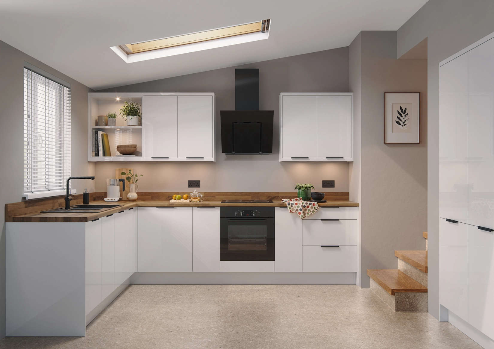 White slab kitchen with timber worktop and roof light