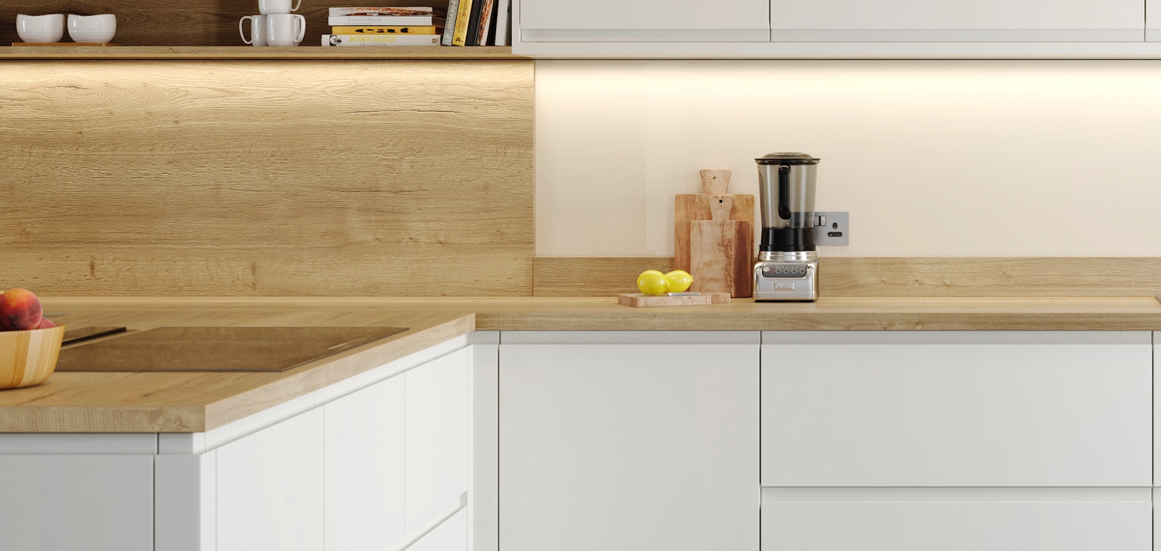 White handleless kitchen with oak worktop and open shelving