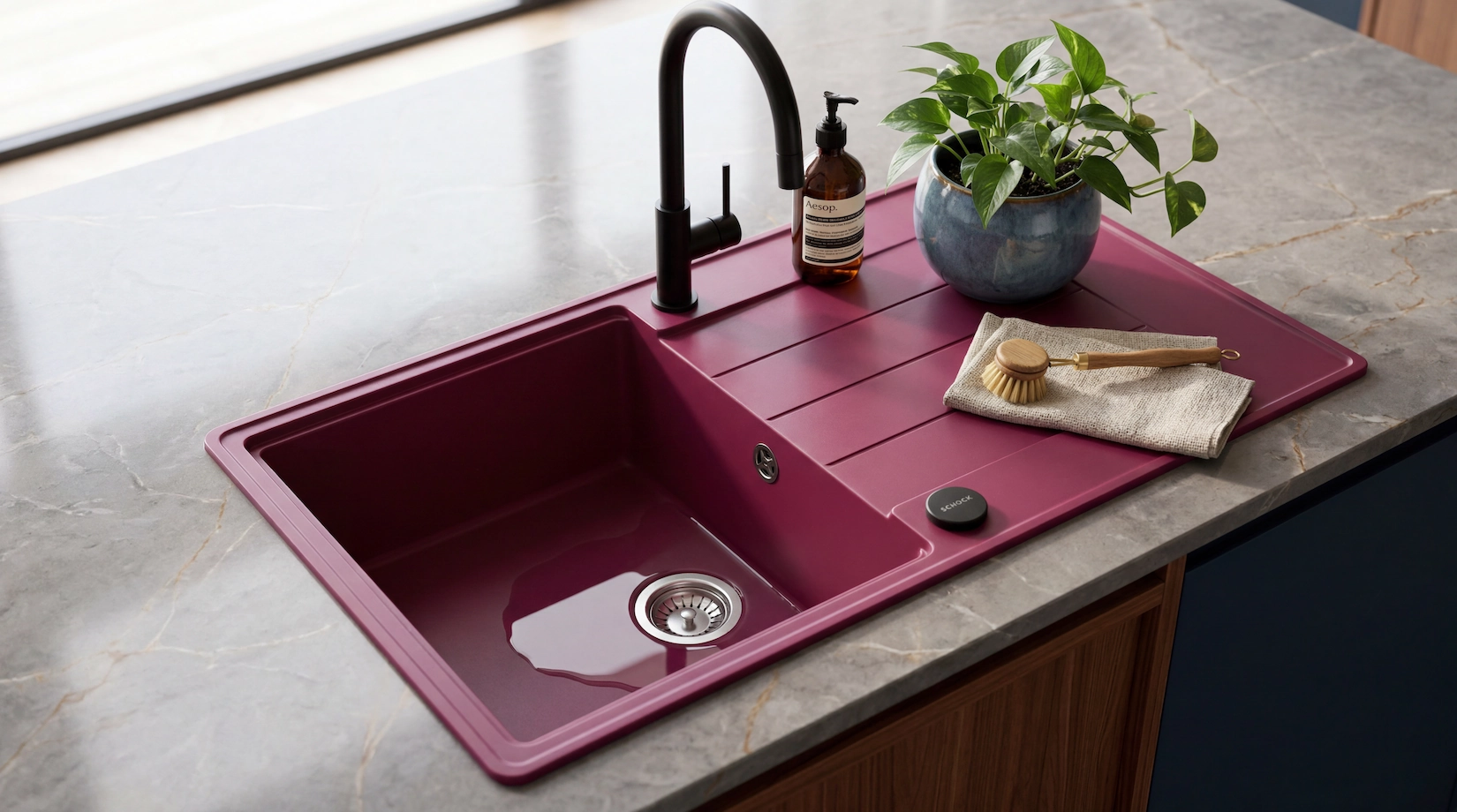 Deep pink composite kitchen sink with a brass mixer tap
