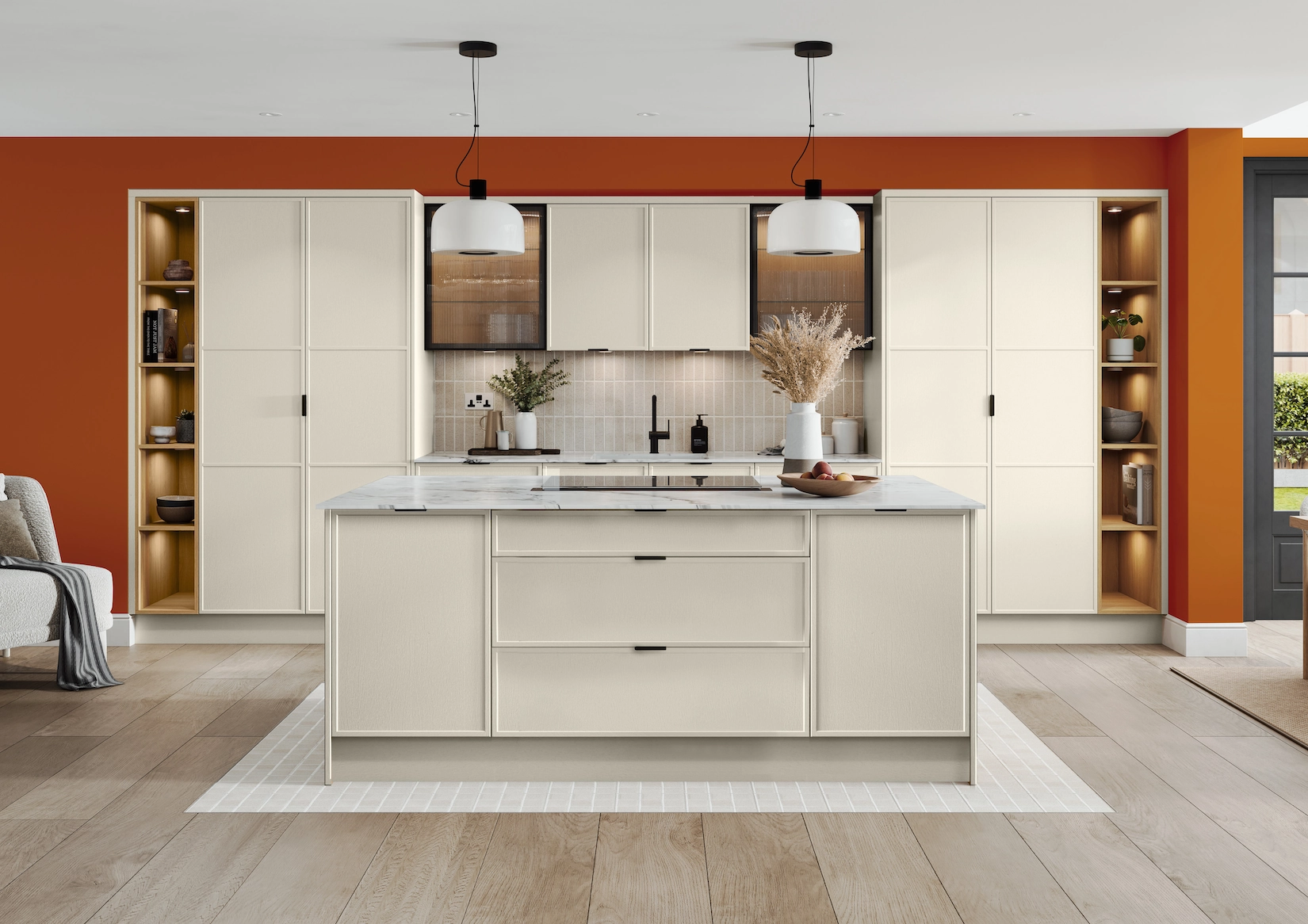 Cream shaker kitchen with island and orange feature wall