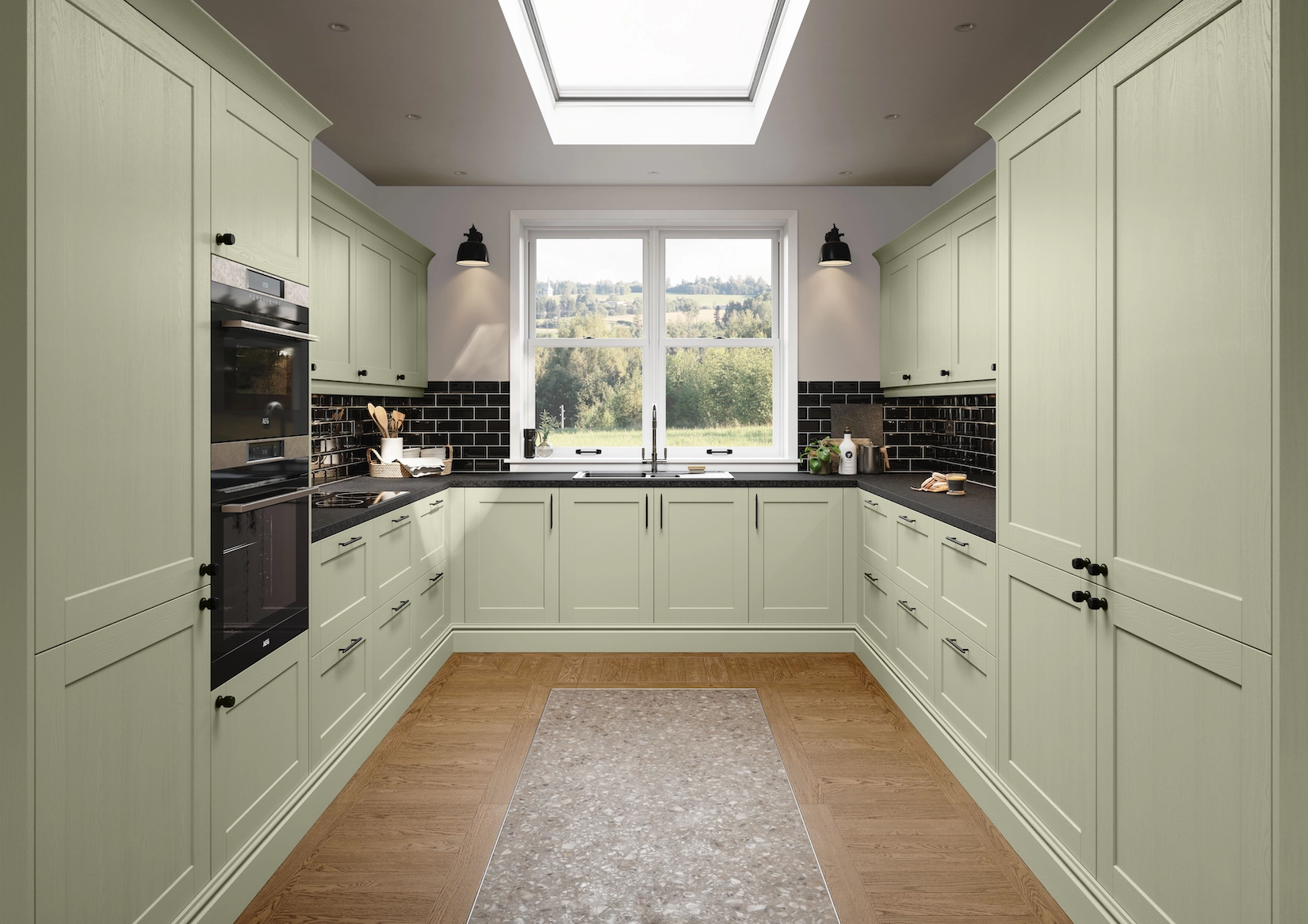 Sage green shaker kitchen with integrated ovens