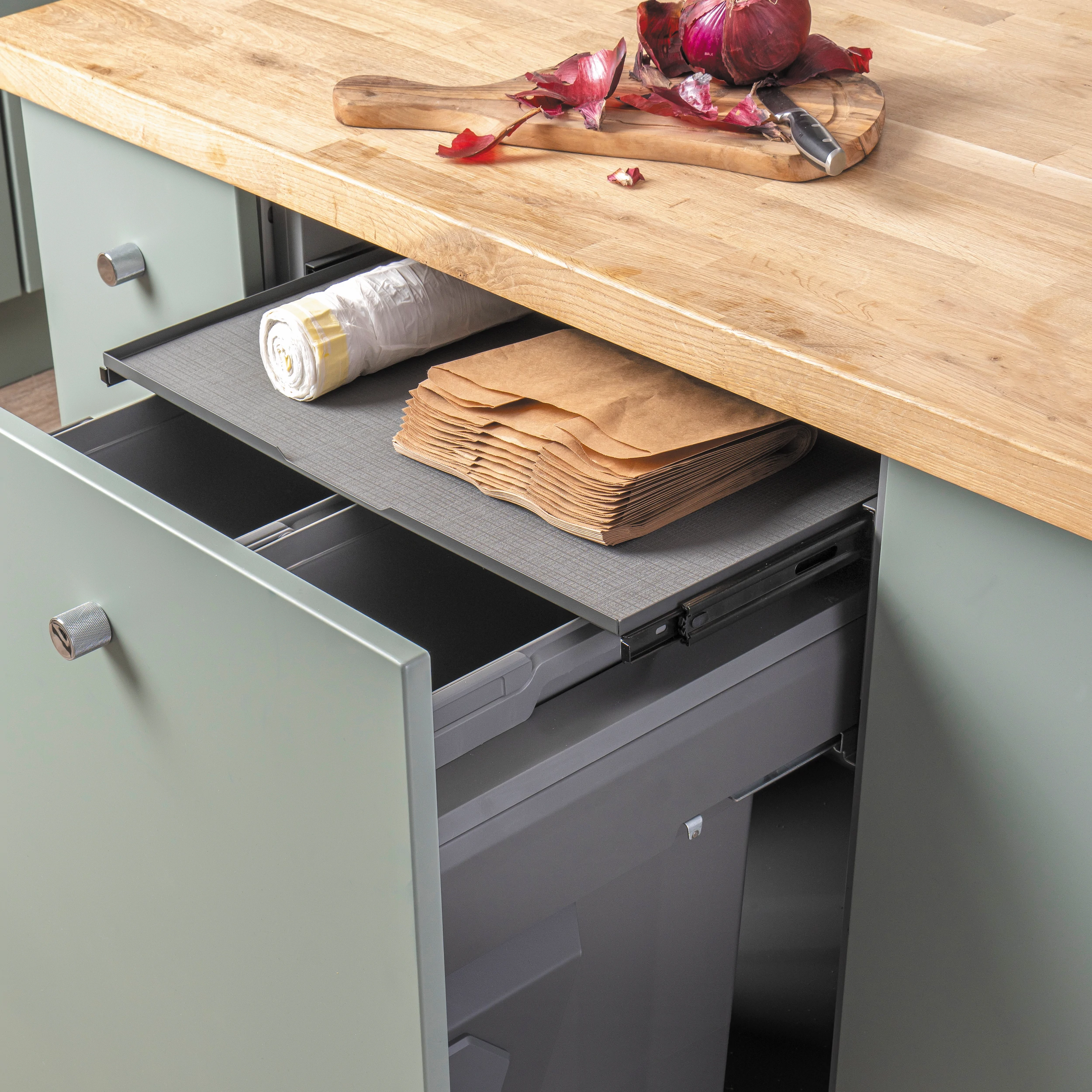 Corner pull-out kitchen storage unit with solid timber shelves
