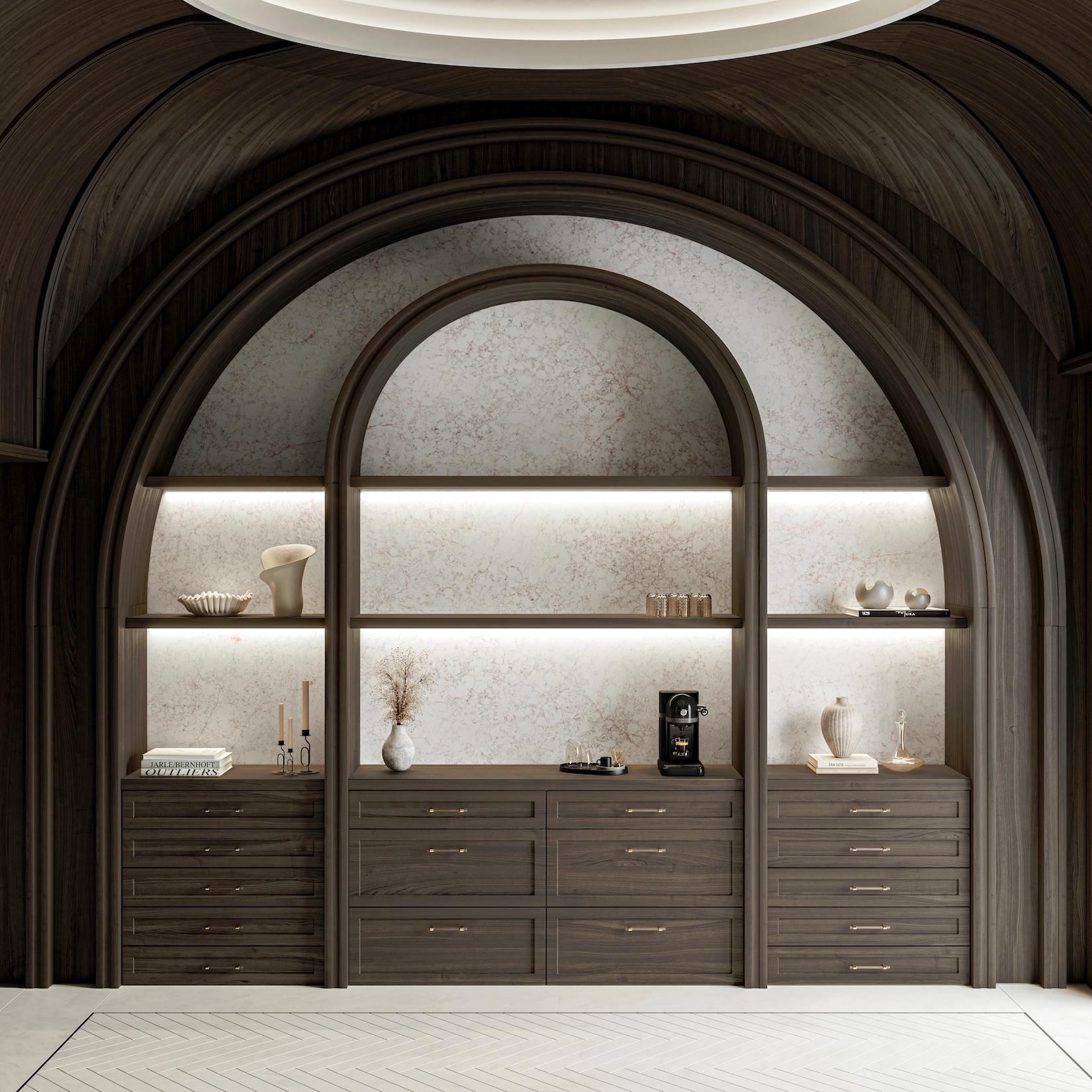 Arched fitted joinery with lit display shelving and drawers