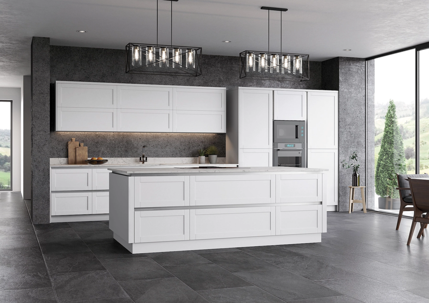 White handleless kitchen with island and pendant lighting