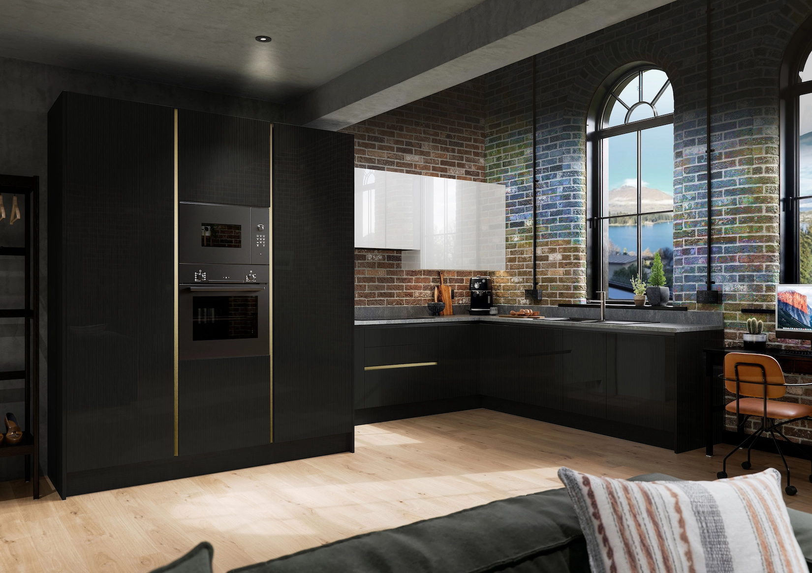 Black handleless kitchen with brass detailing and exposed brick
