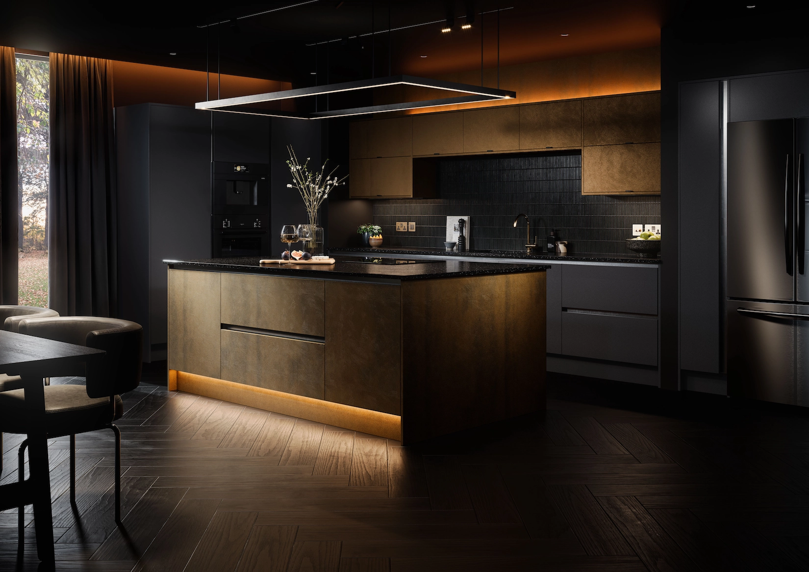 Dark handleless kitchen with illuminated island