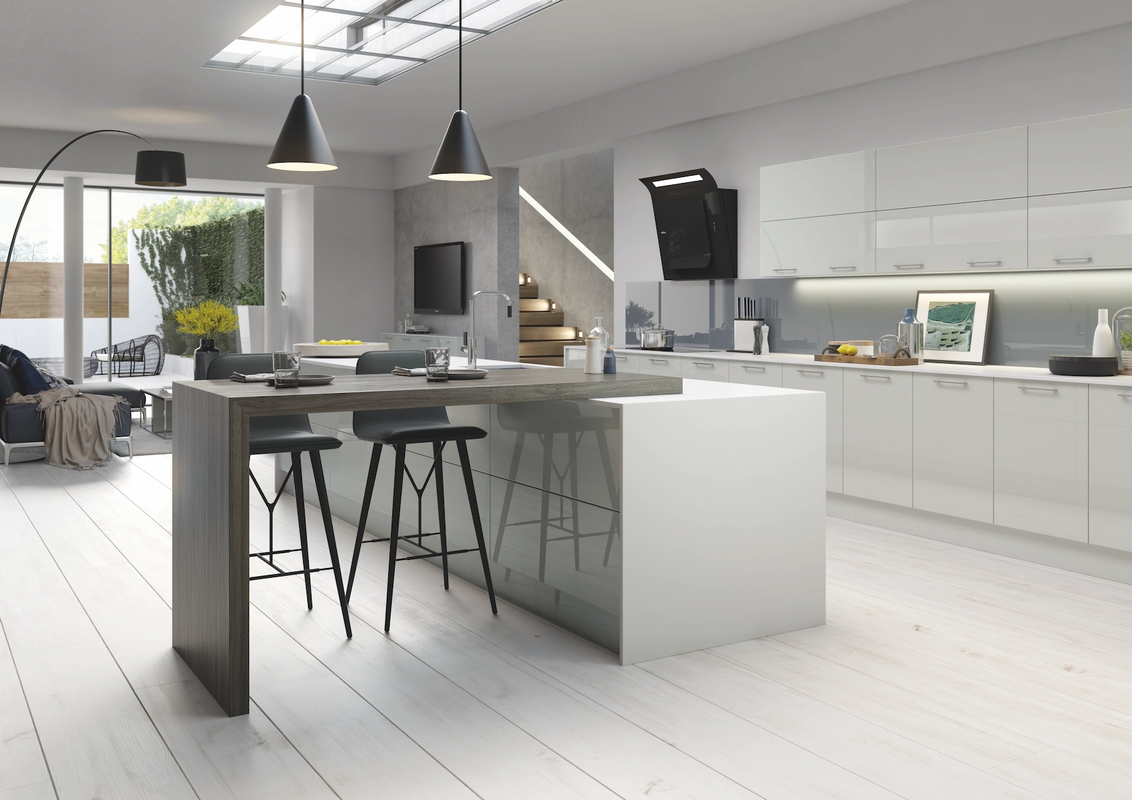 White slab kitchen with island and bar stools