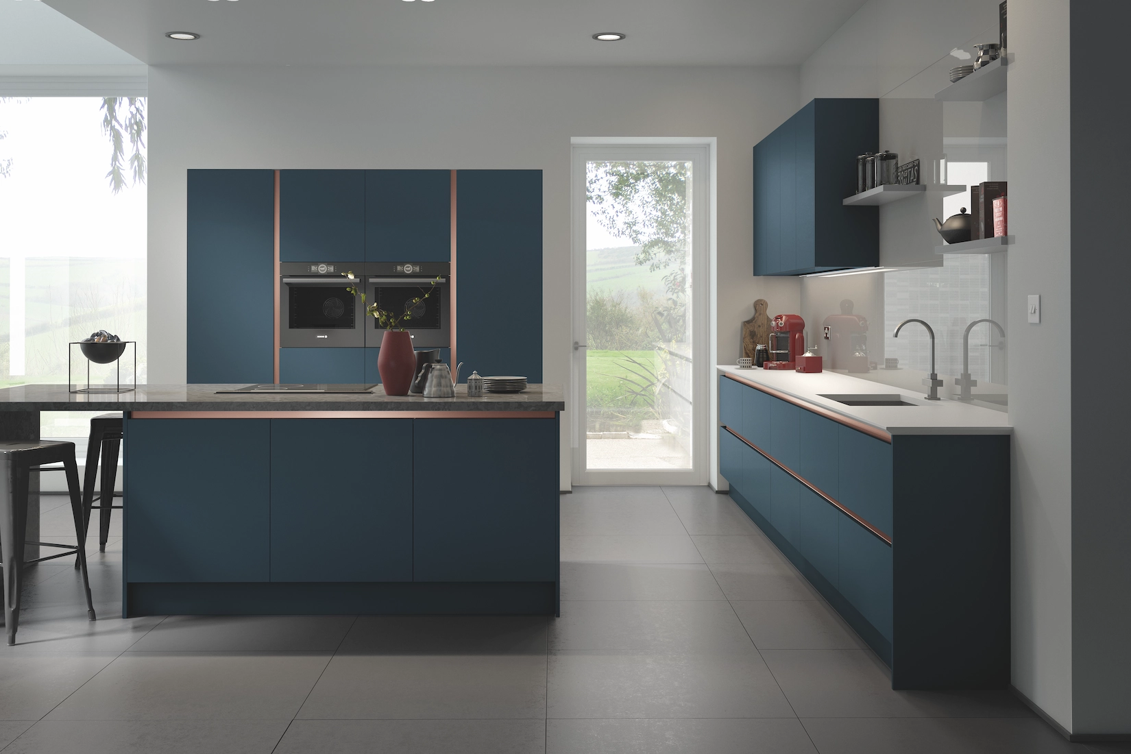 Navy handleless kitchen with island and integrated appliances