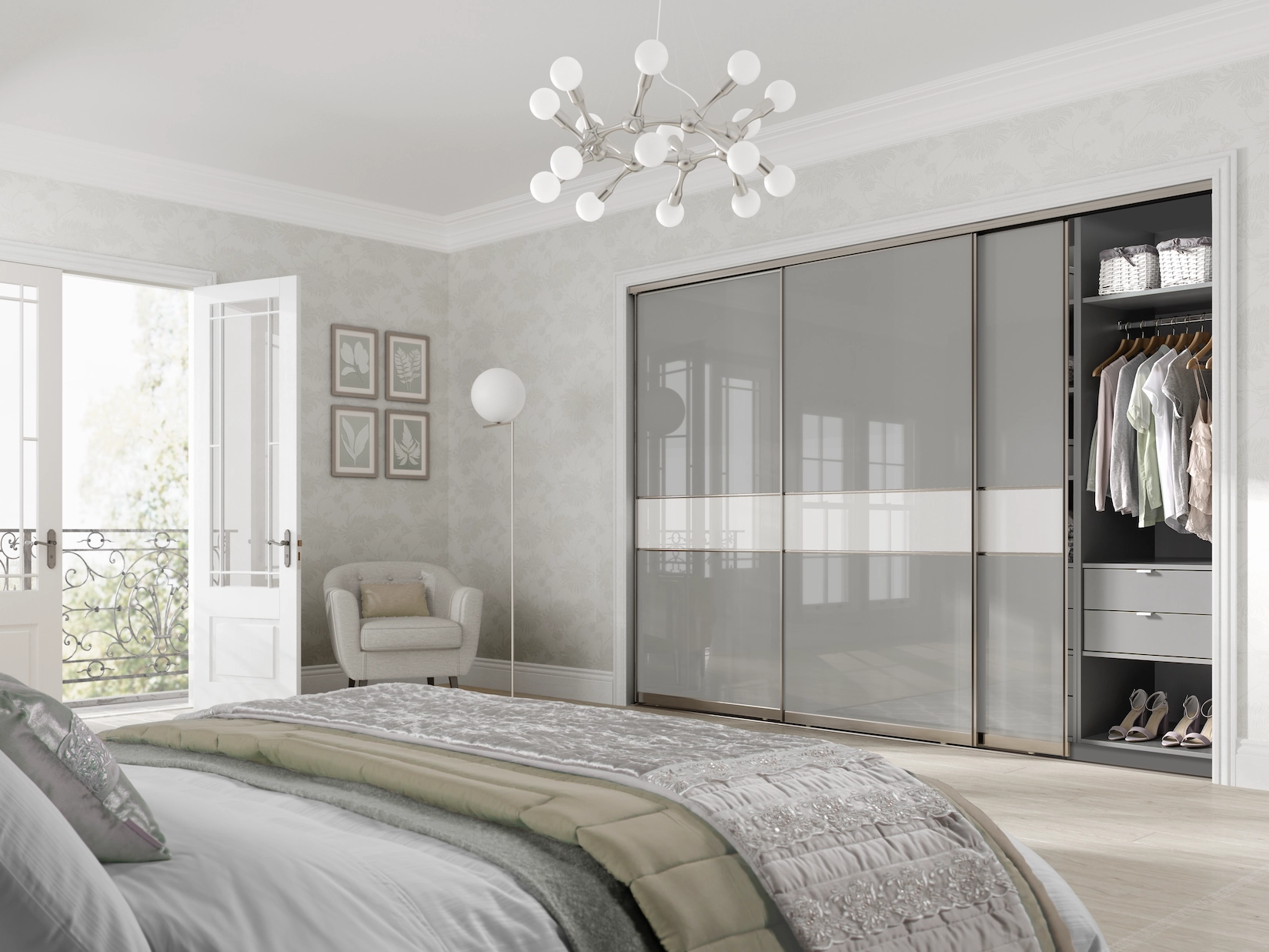 Grey glass sliding wardrobe doors with fitted interior