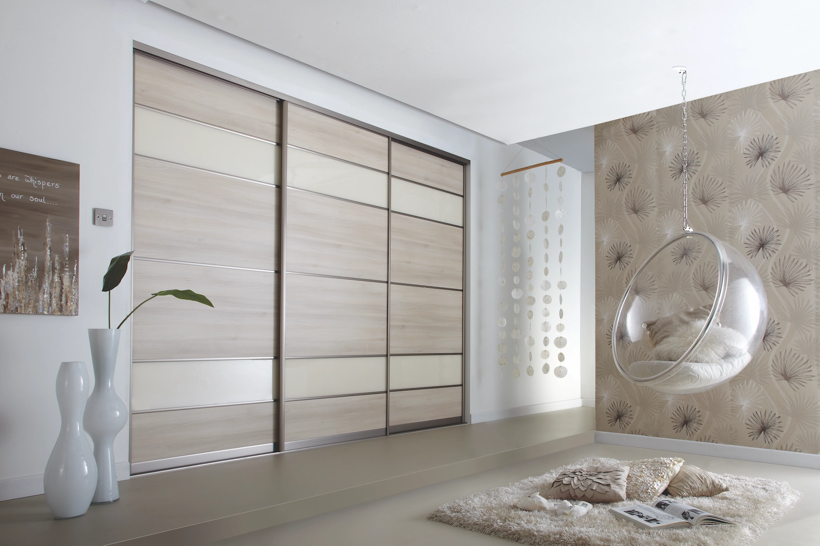 Cream panelled sliding wardrobe doors with hanging chair