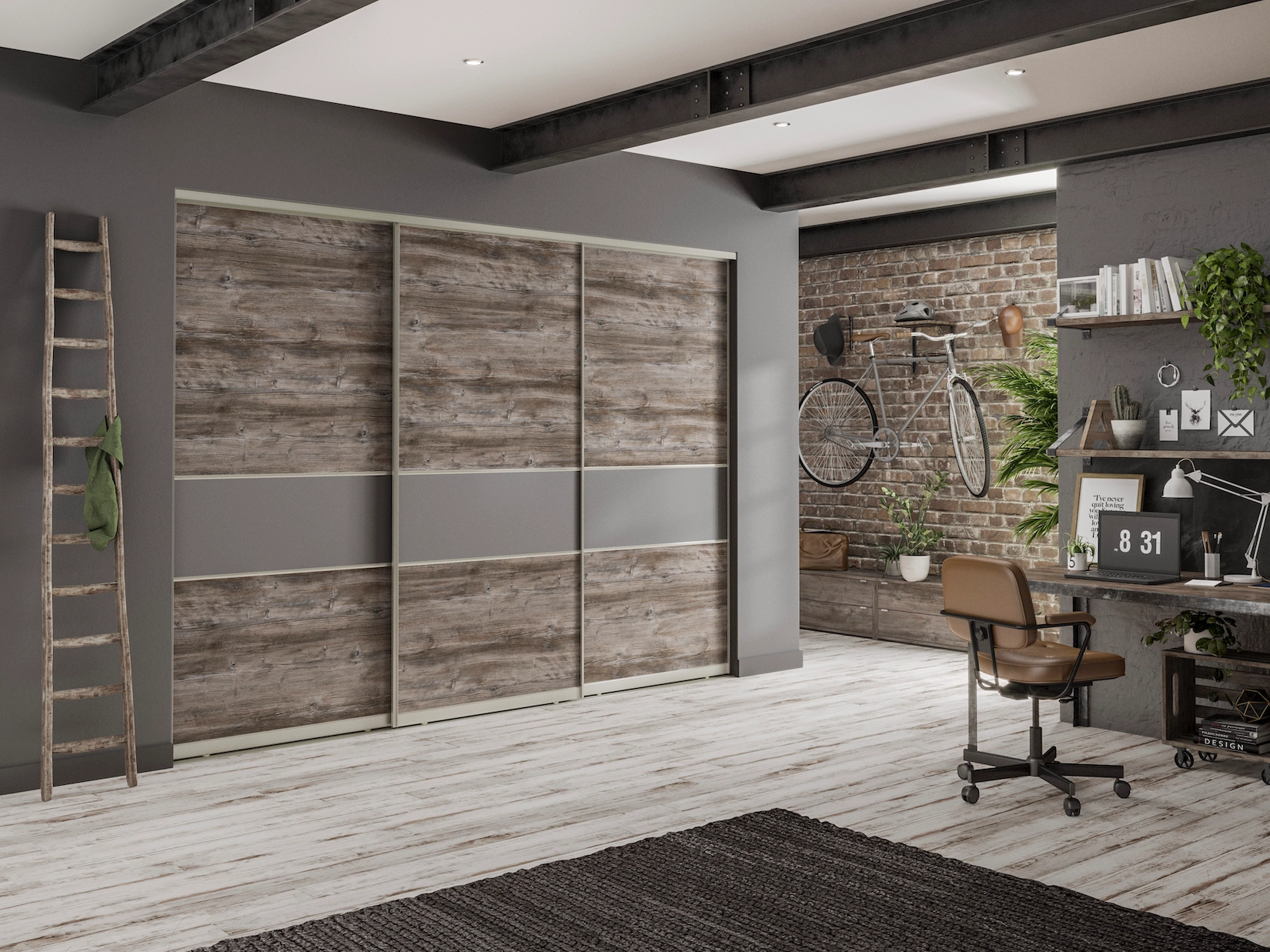 Reclaimed timber effect sliding wardrobe doors in a loft bedroom