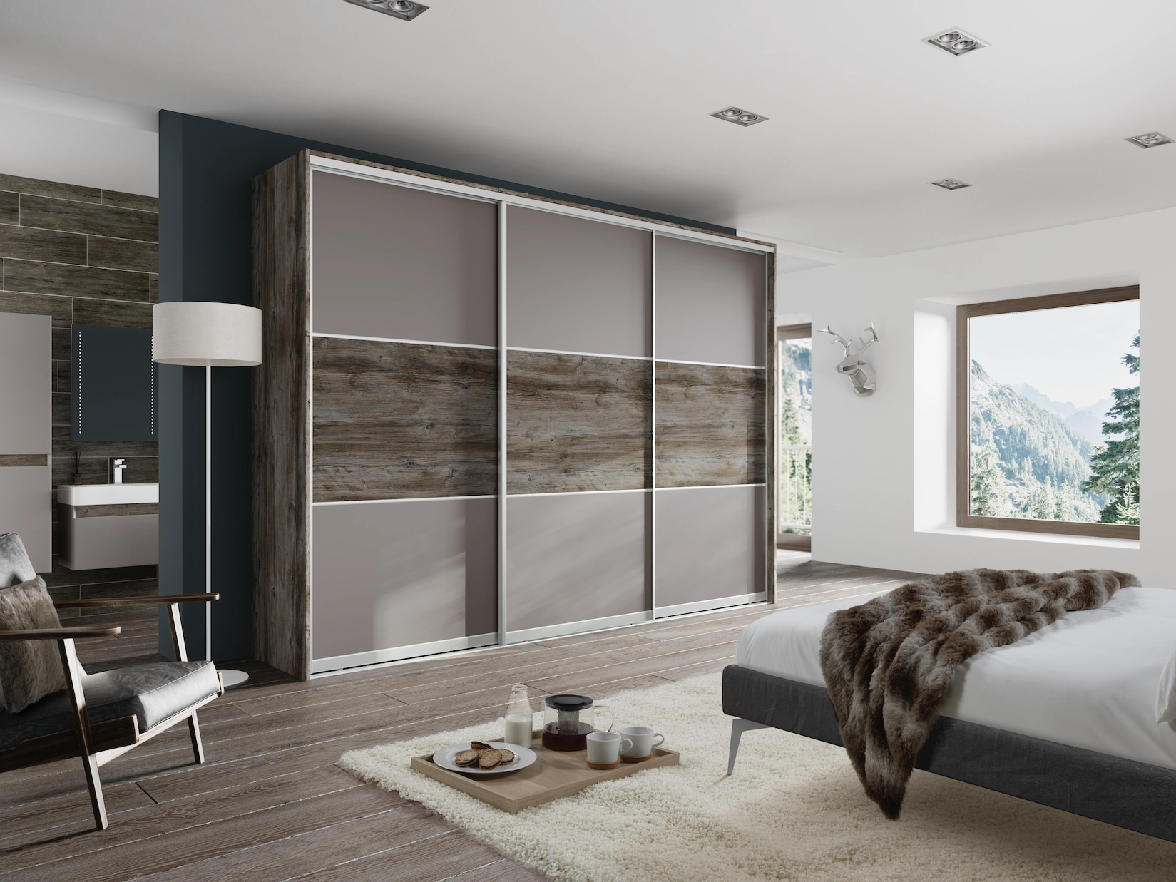 Timber and grey sliding wardrobe doors in a bedroom