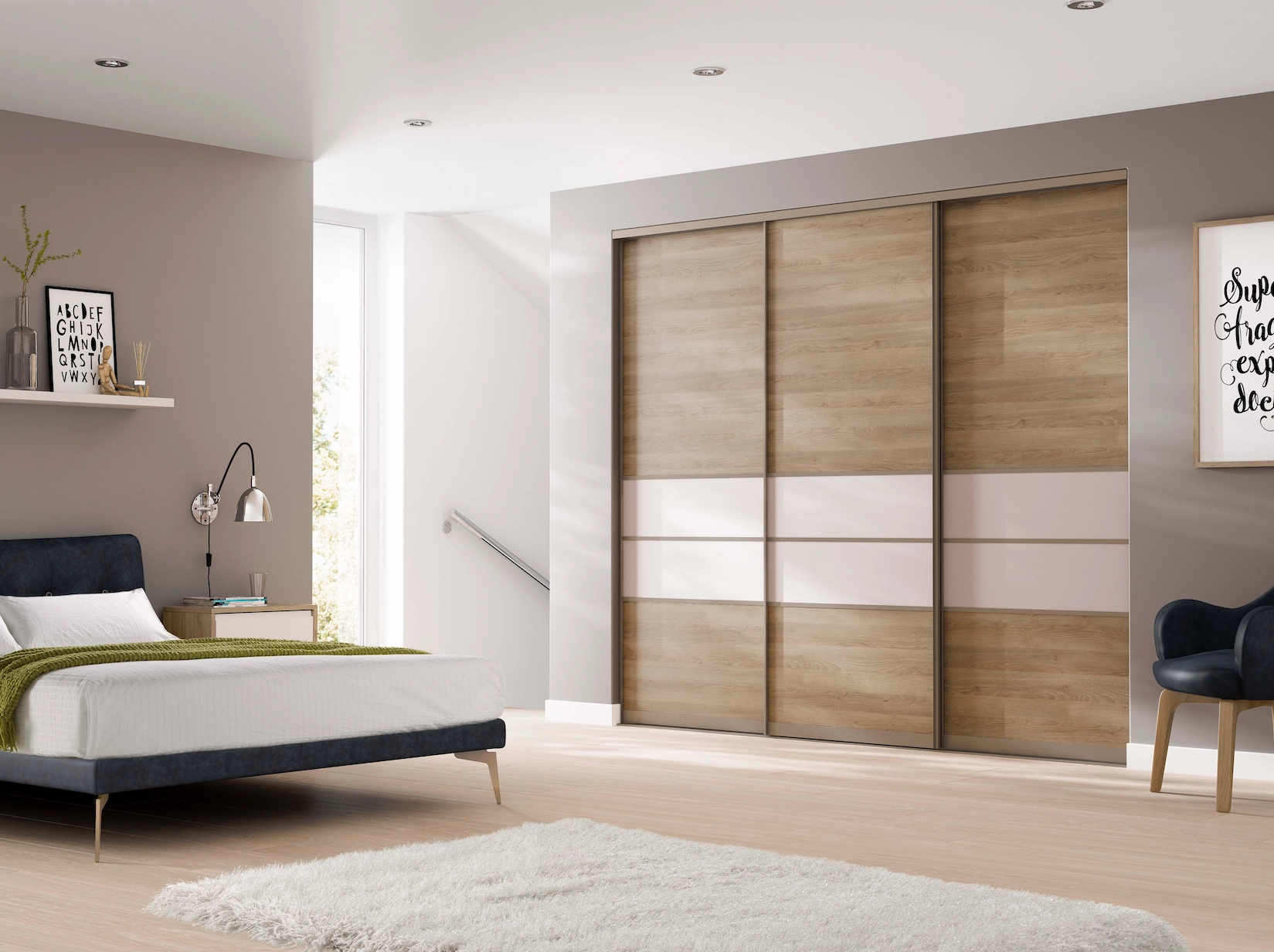Oak and cream sliding wardrobe doors in a bedroom