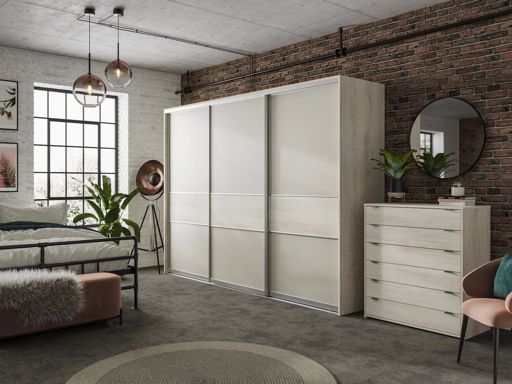 Cream sliding wardrobe doors with exposed brick wall