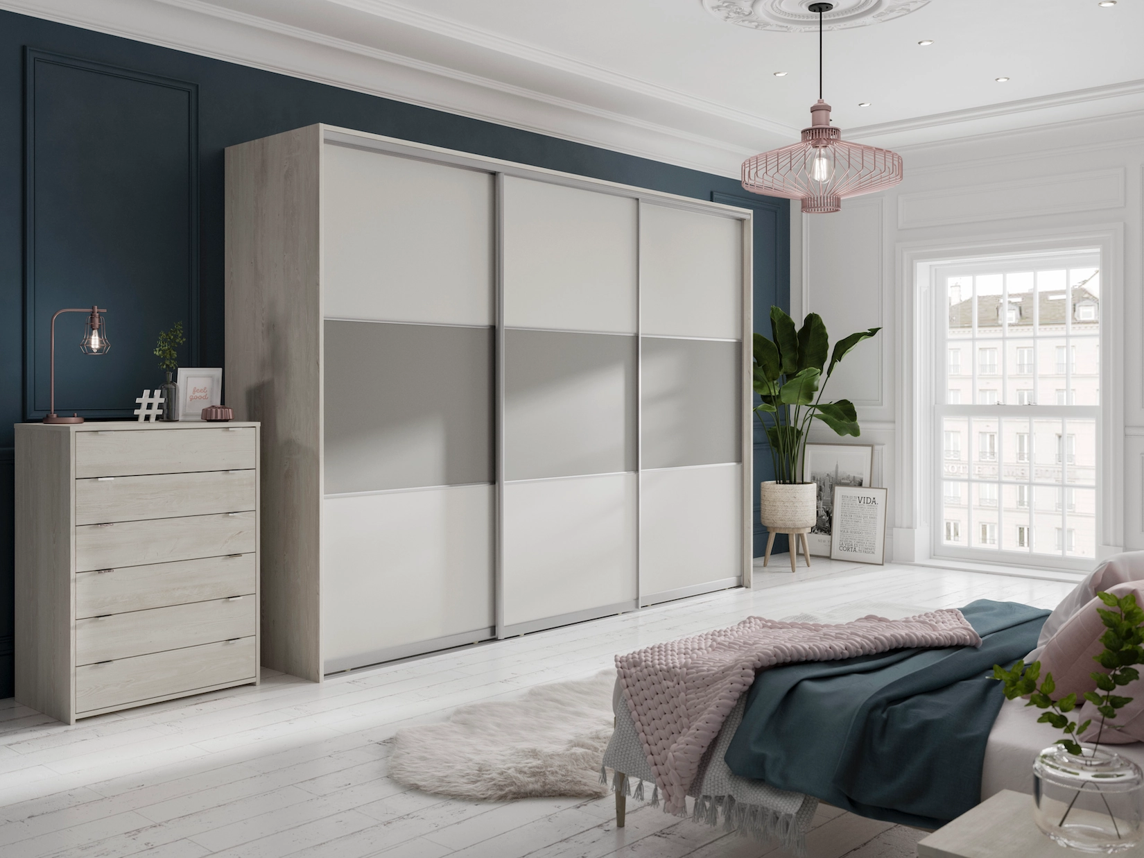 Grey sliding wardrobe doors in a bedroom with navy walls