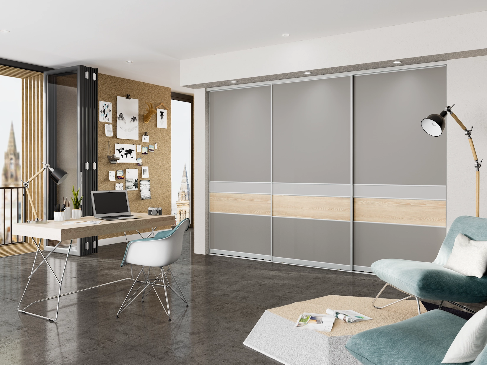 Grey and oak sliding wardrobe doors in a bedroom with desk