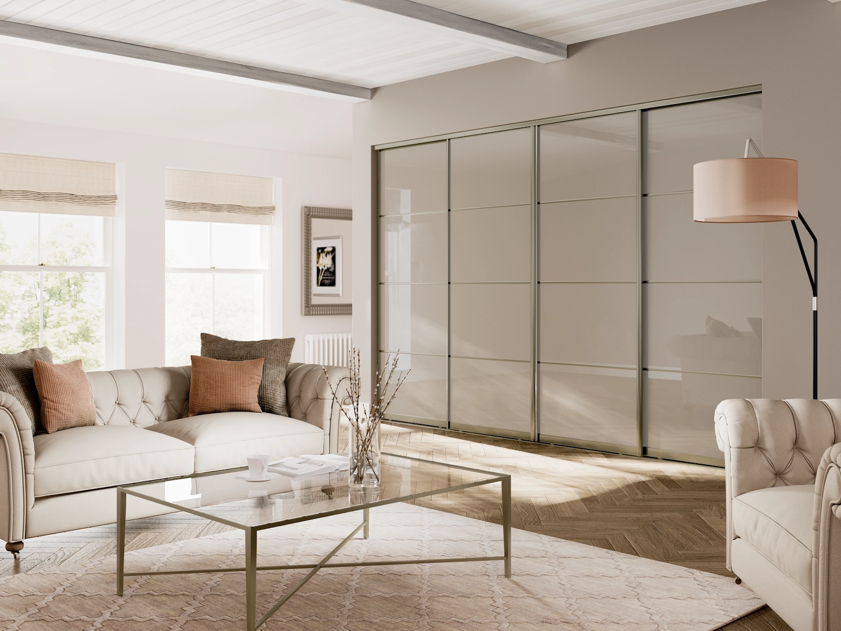Cream glass sliding wardrobe doors in a living space