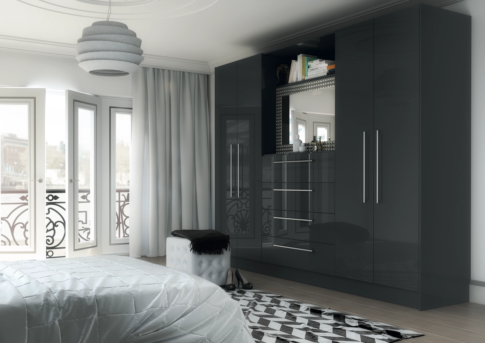 Dark gloss fitted wardrobes with mirrored dressing area