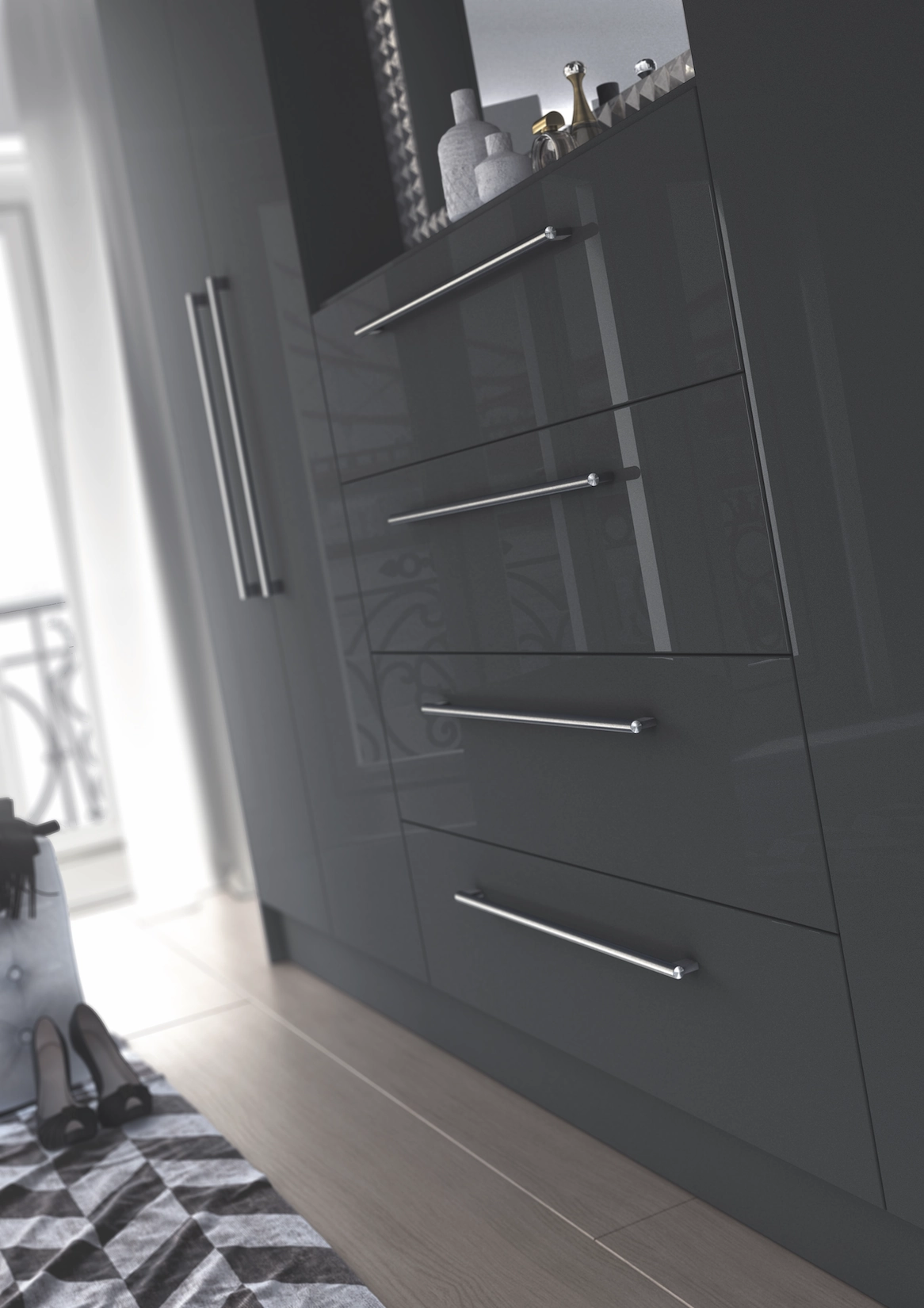 Dark grey fitted wardrobe doors with long bar handles