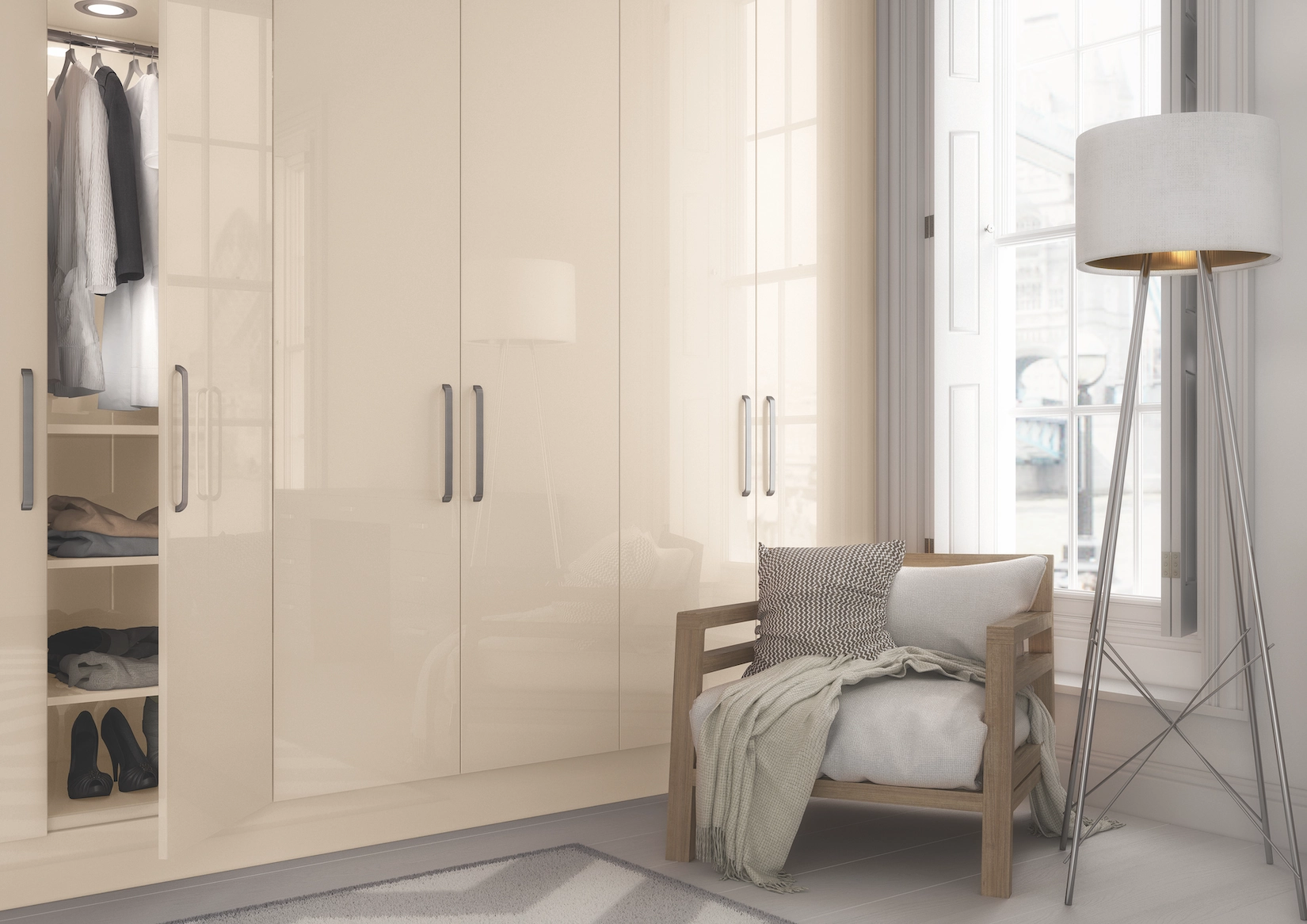 Cream gloss fitted wardrobes with hanging rail and shelving