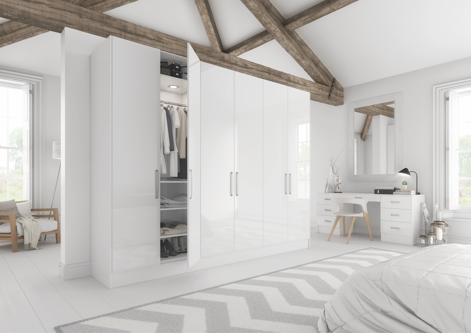 White gloss fitted wardrobes in a vaulted bedroom with beams