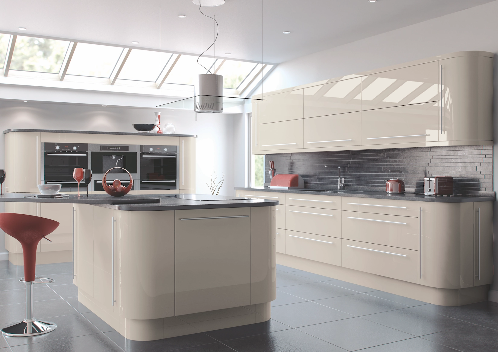 Cream gloss slab kitchen with curved island and roof lights