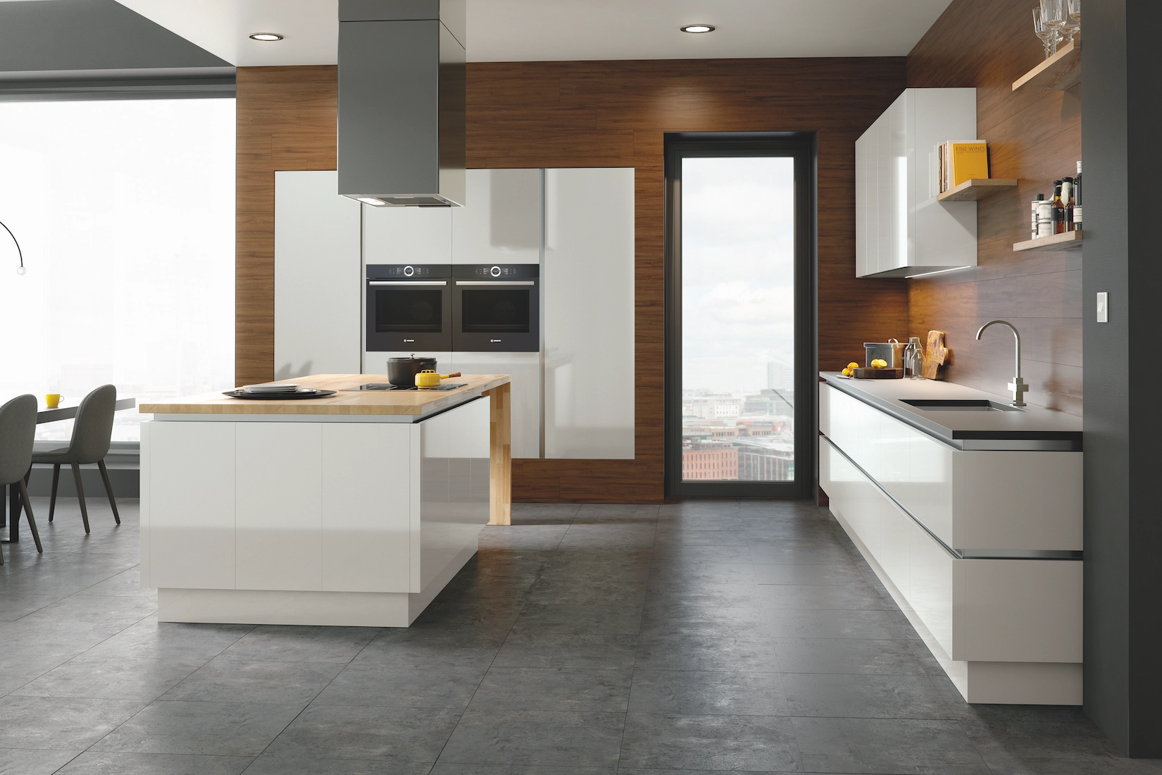 White gloss handleless kitchen with timber panelled wall
