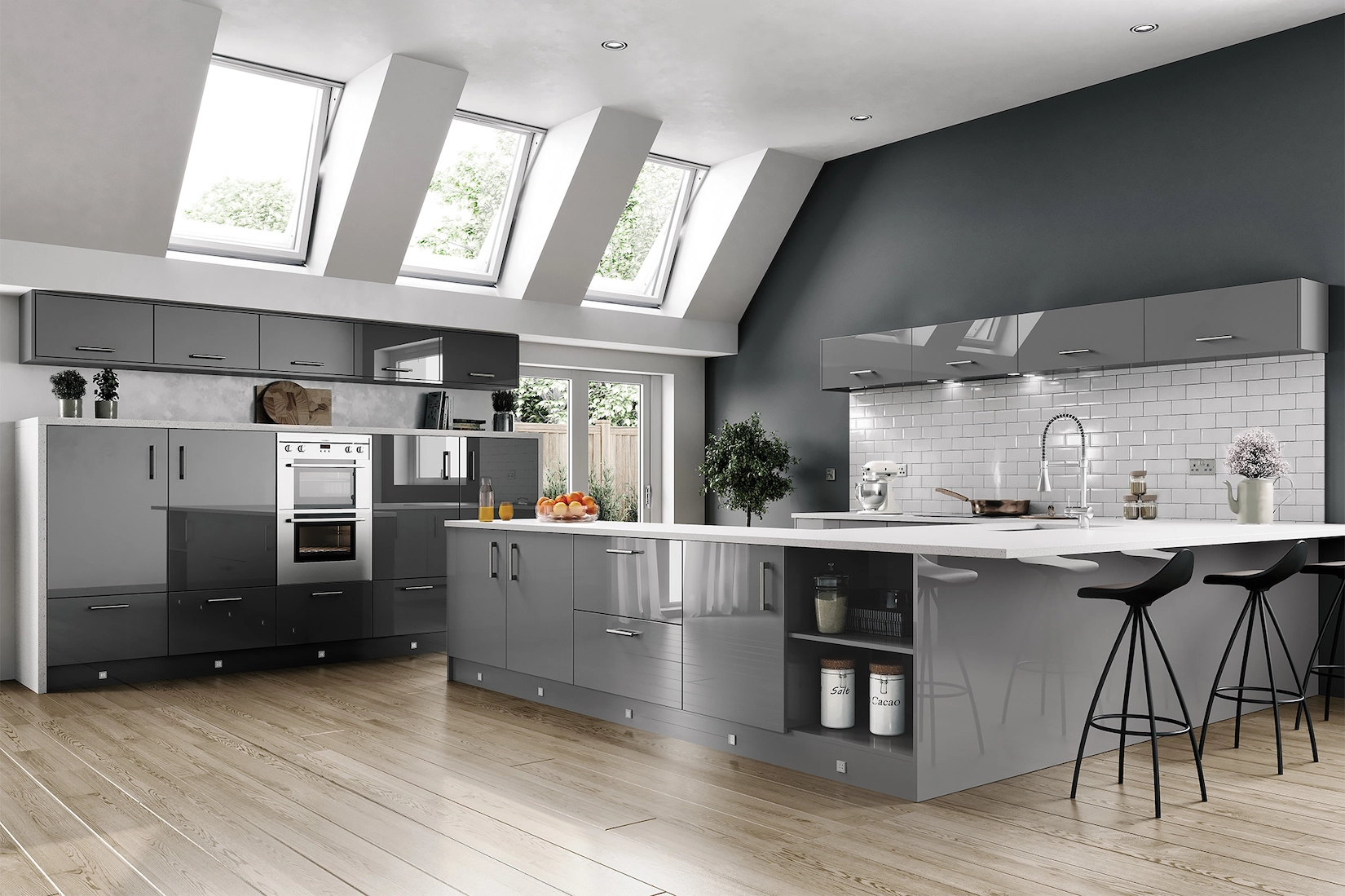 Grey slab kitchen with island and vaulted ceiling windows