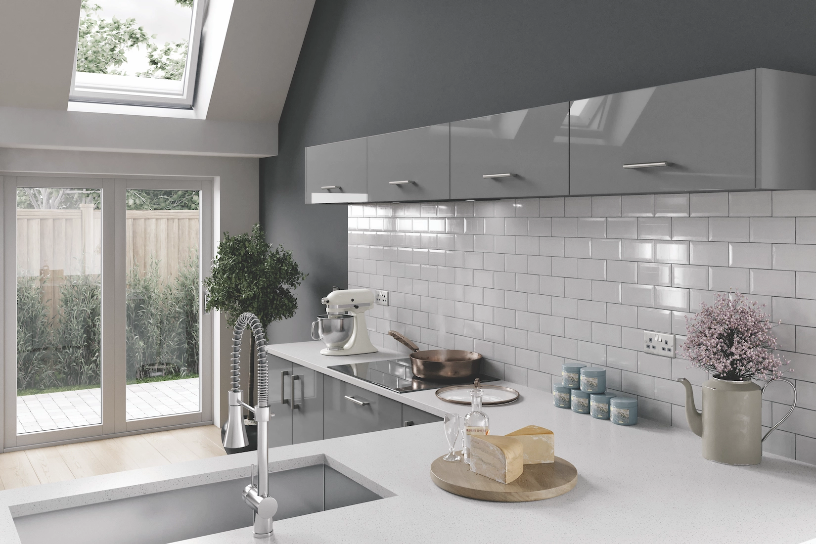Grey gloss slab kitchen with metro tile splashback
