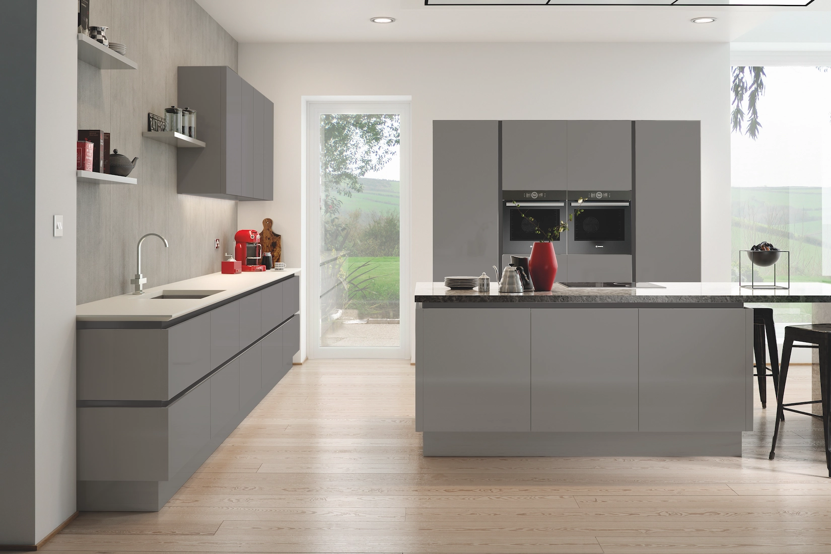 Grey handleless kitchen with island and dining area