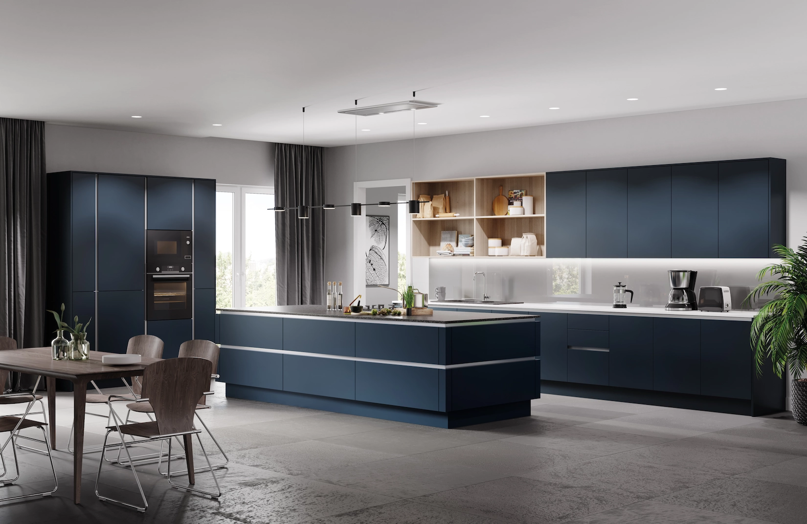 Navy handleless kitchen with large island and dining space