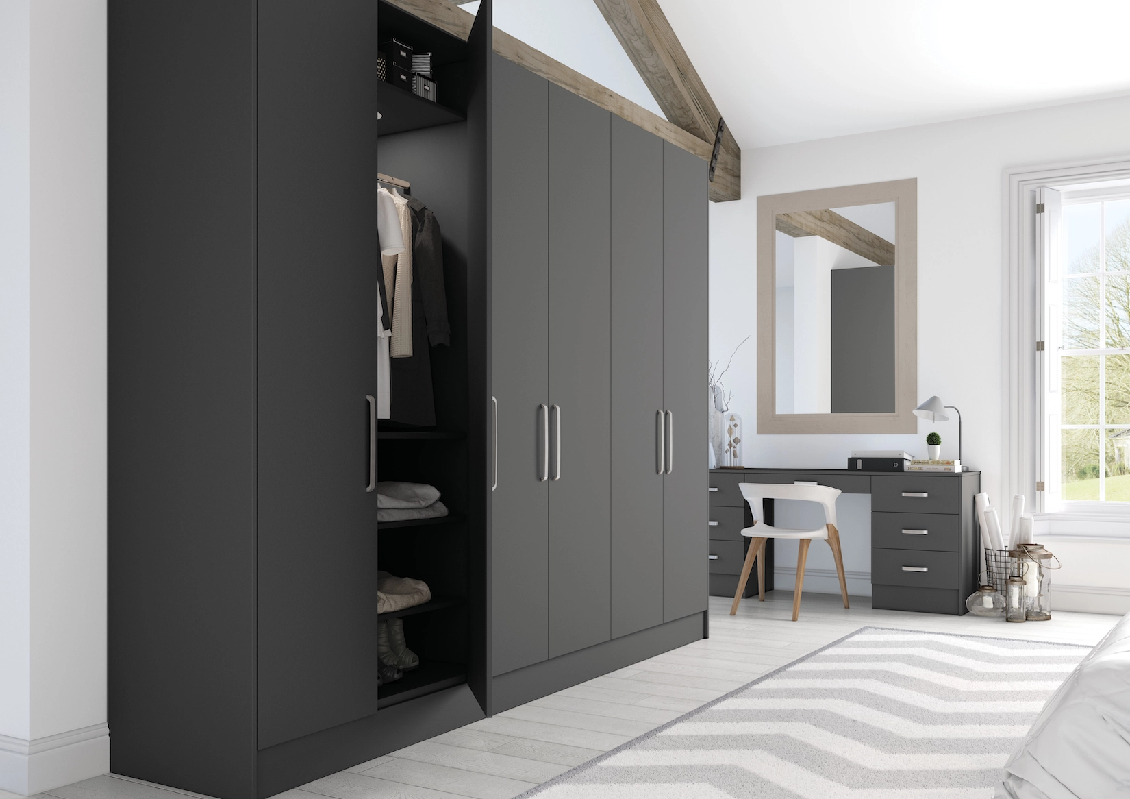 Dark fitted wardrobes with open hanging space and dressing table