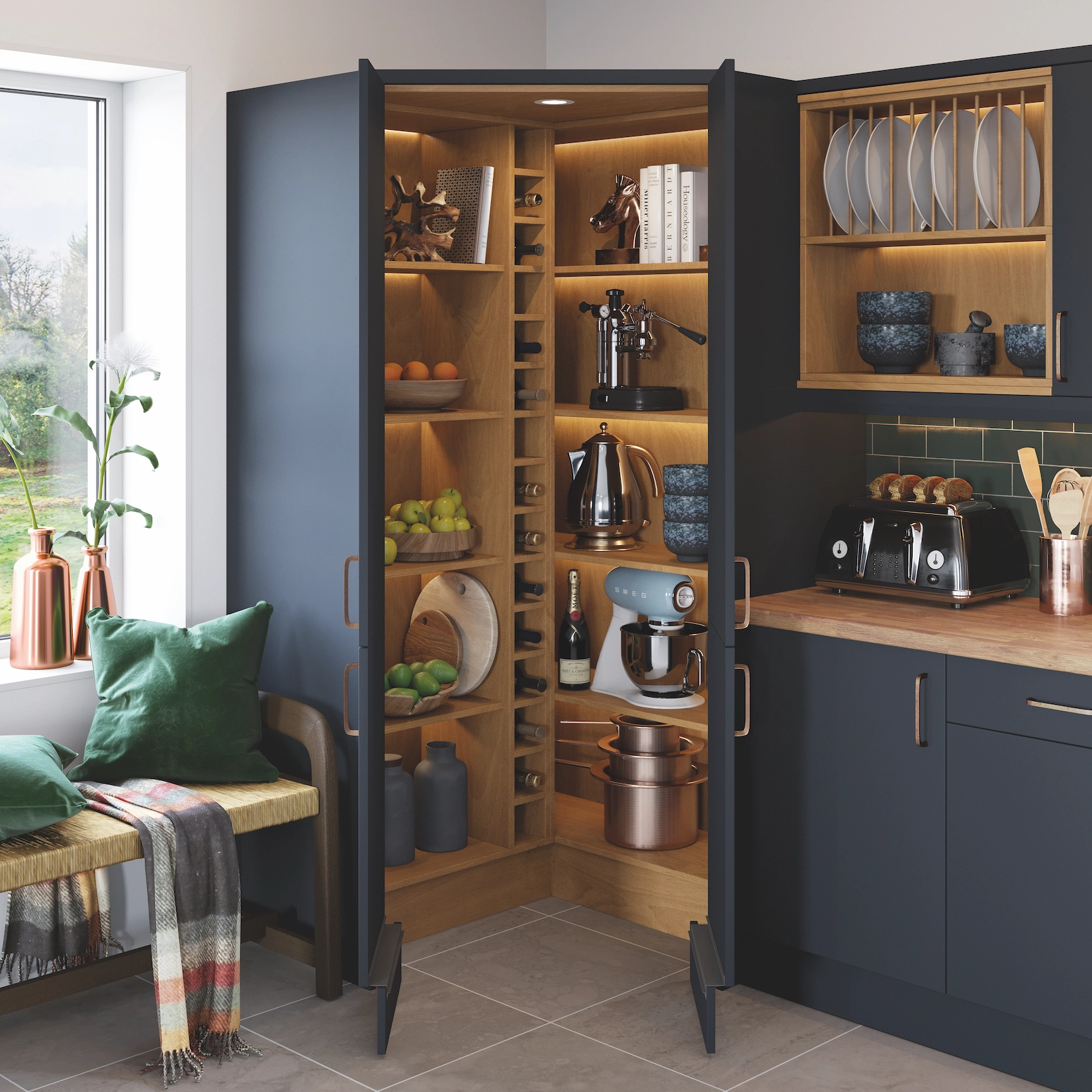 Navy slab corner larder with fitted oak interior
