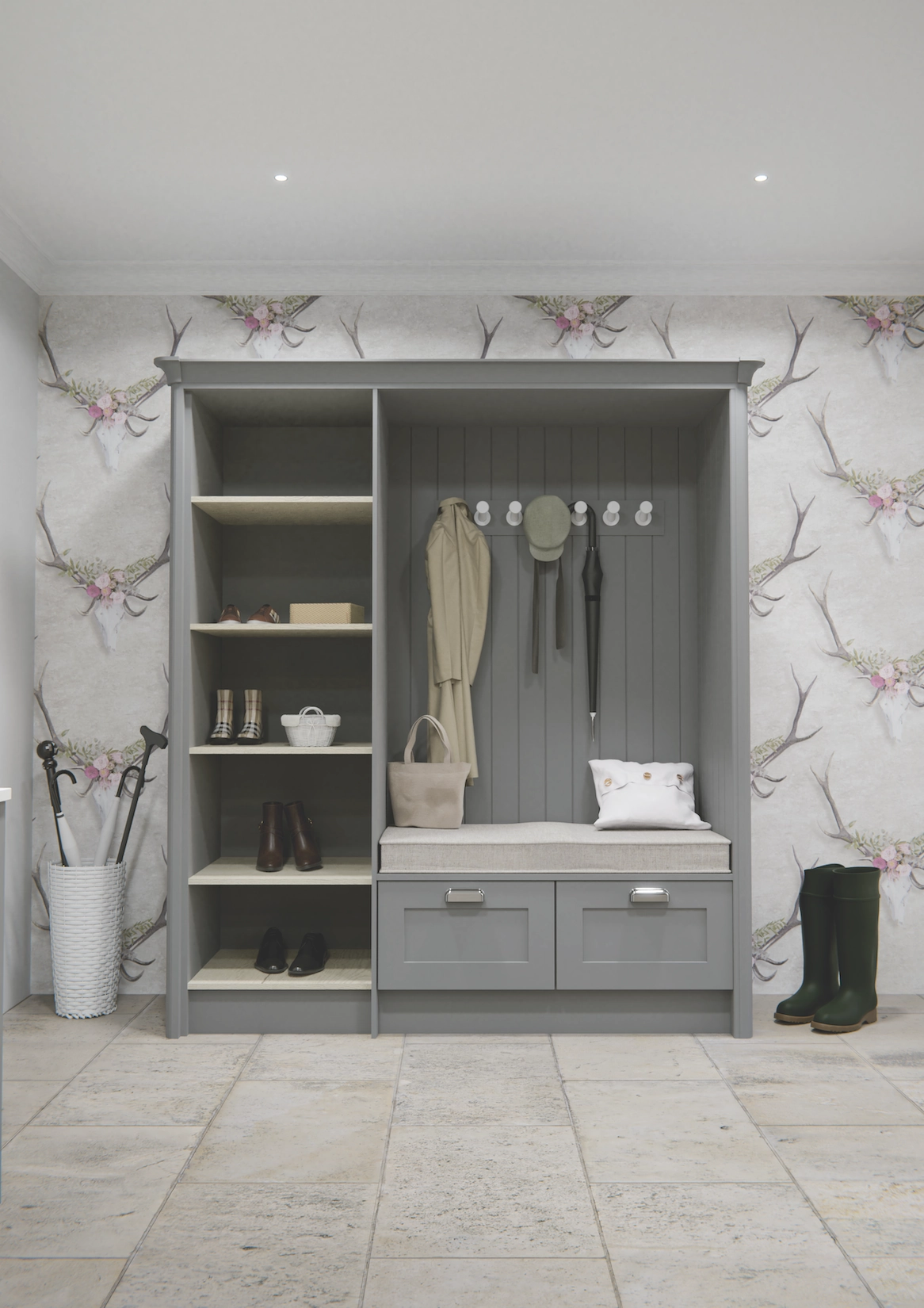 Grey boot room with bench seating, hooks and open shelving