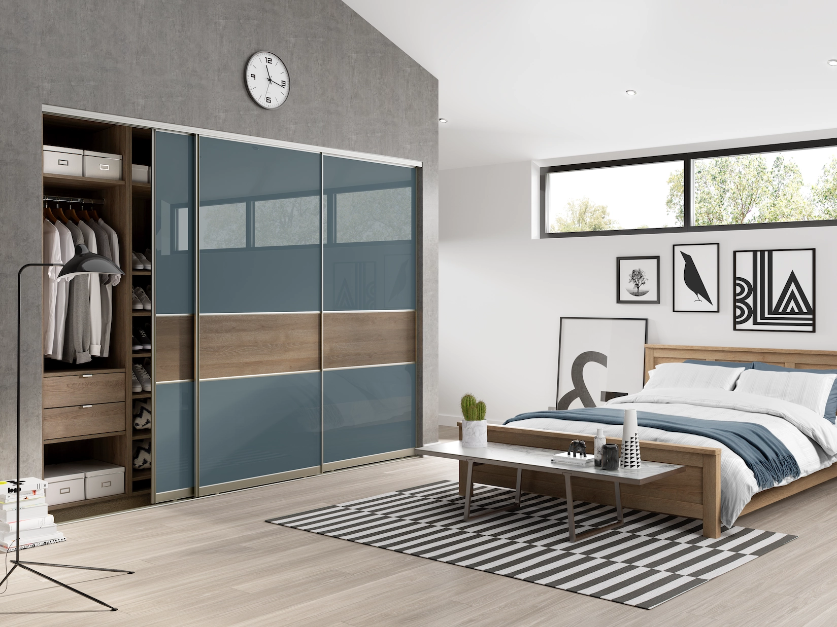 Bedroom with sliding wardrobe doors in blue and wood finish