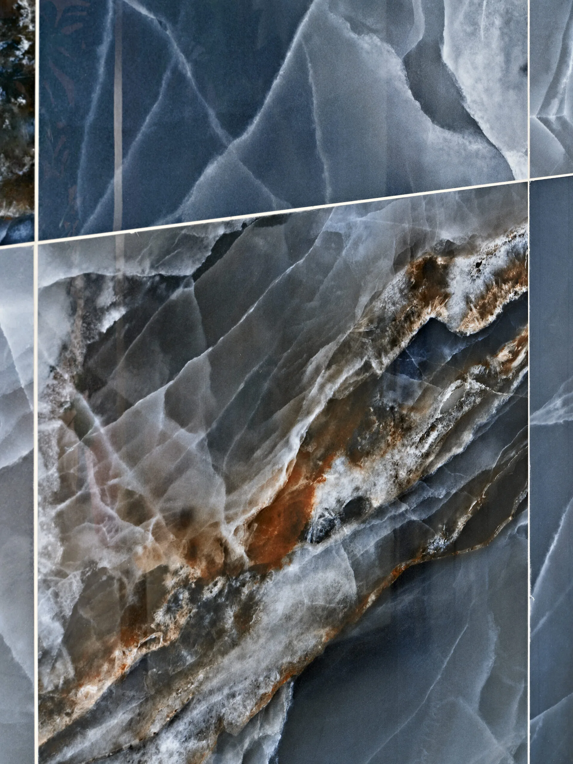 Blue onyx effect porcelain slab with dramatic veining