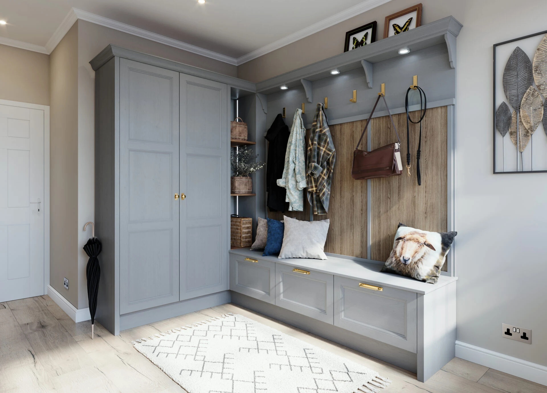 Fitted furniture Ceredigion: boot room with fitted bench seating, hooks and grey cabinetry