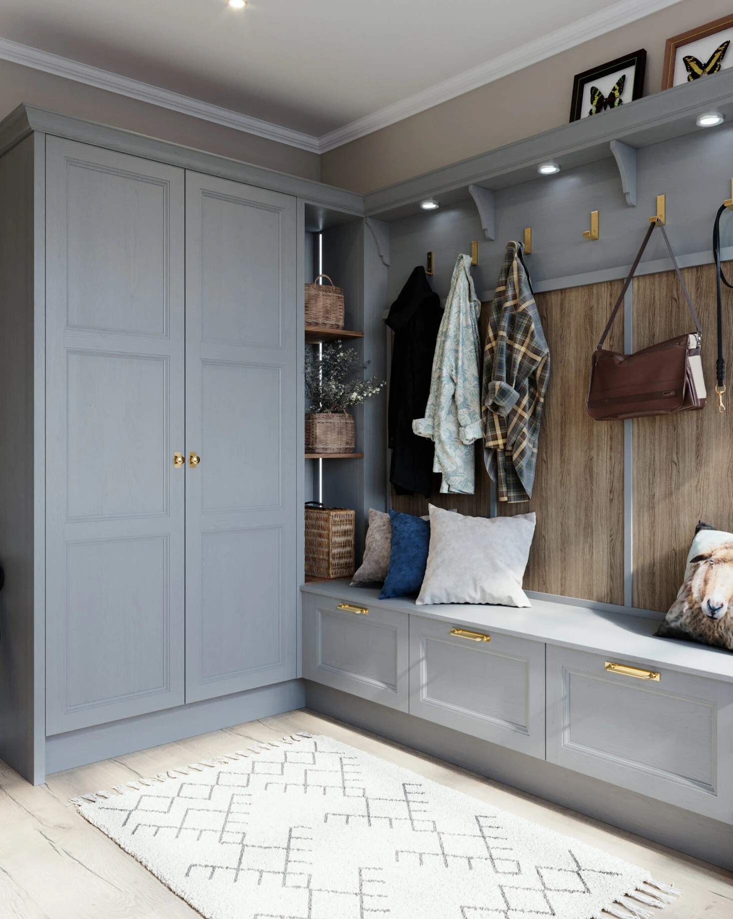 Fitted furniture Ceredigion: boot room with fitted bench seating, hooks and grey cabinetry