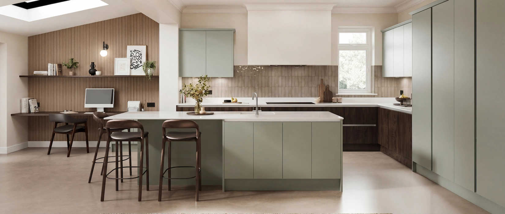 Bespoke kitchens Aberaeron: contemporary kitchen with island seating and integrated appliances