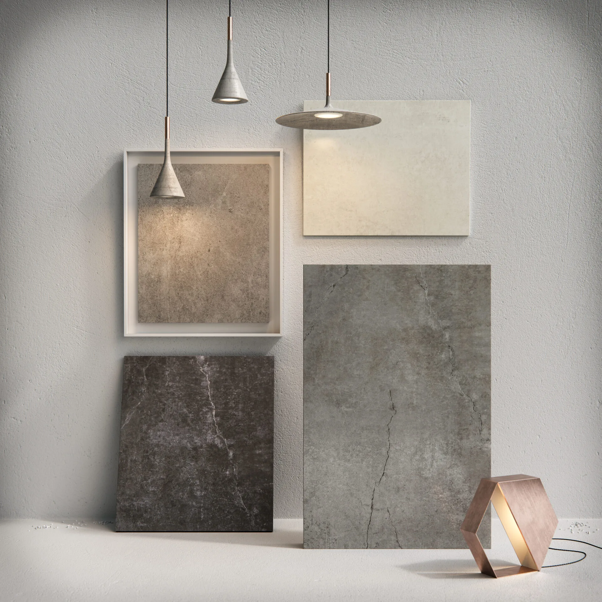 Dekton Industrial collection stone samples in concrete tones