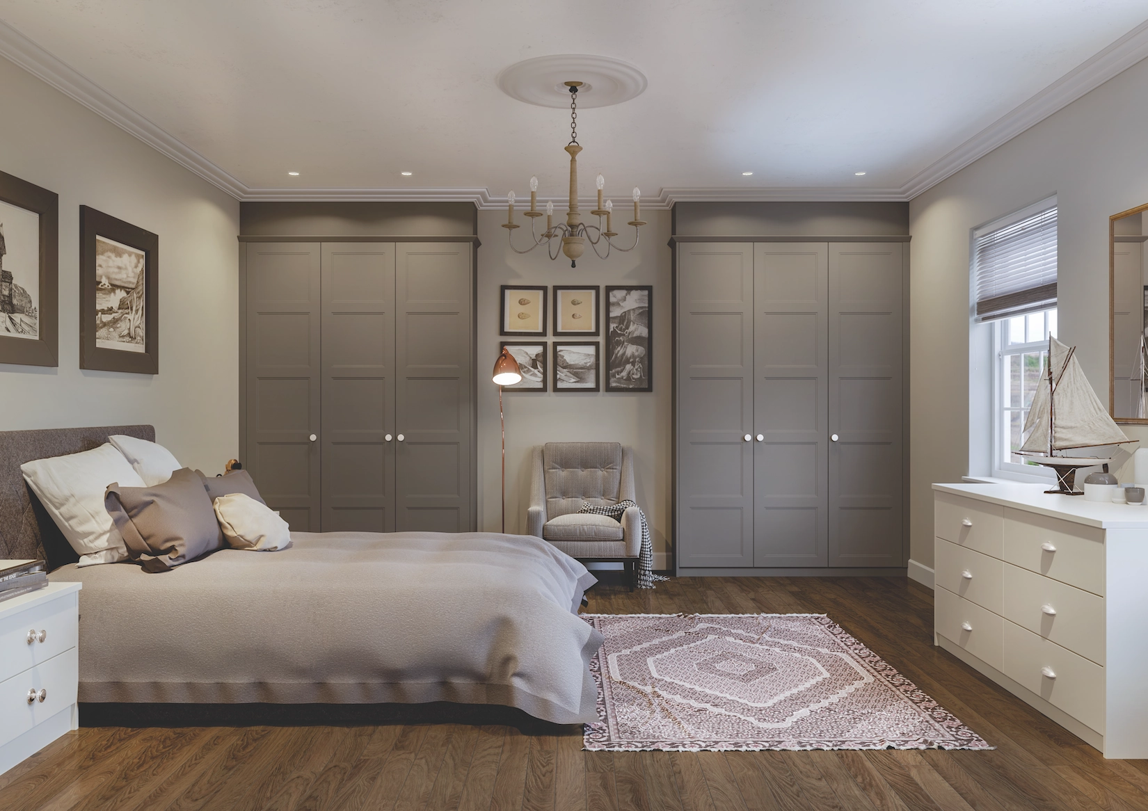 Fitted bedroom wardrobes in cream with chandelier