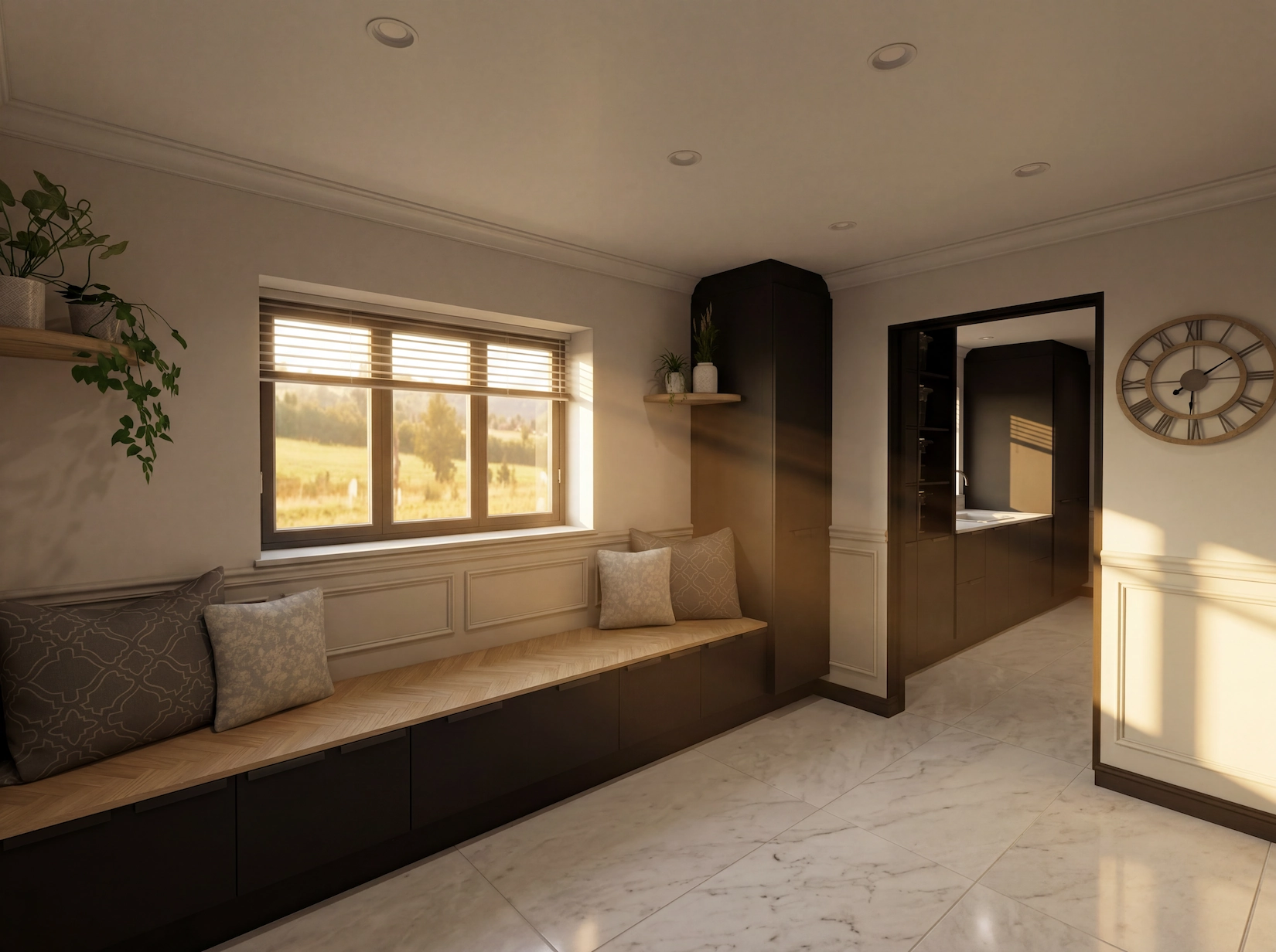 Hallway with fitted bench seating and marble tiled floor