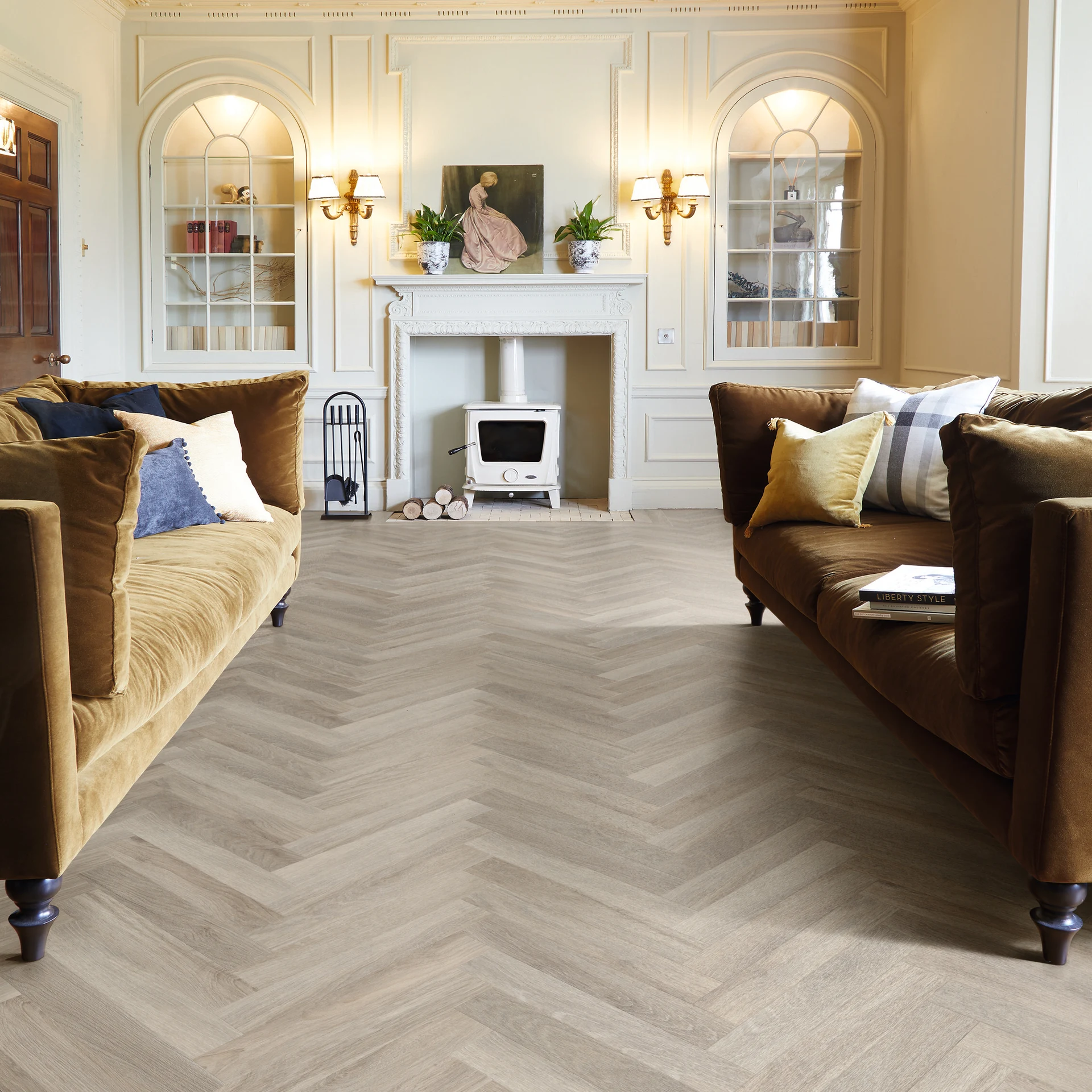 Herringbone parquet flooring in a period living room