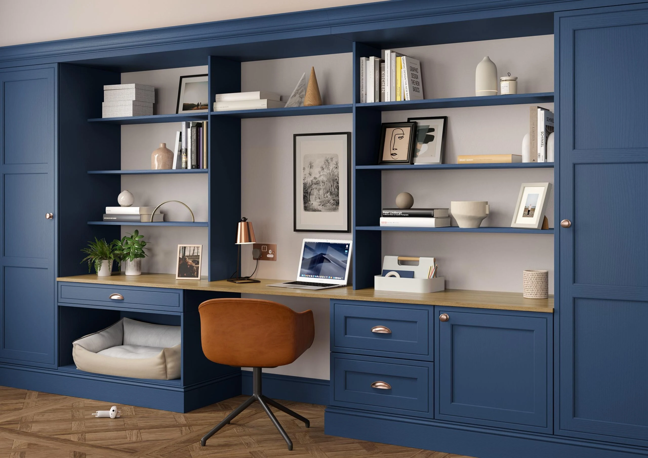 Home office in Parisian blue with fitted desk and shelving