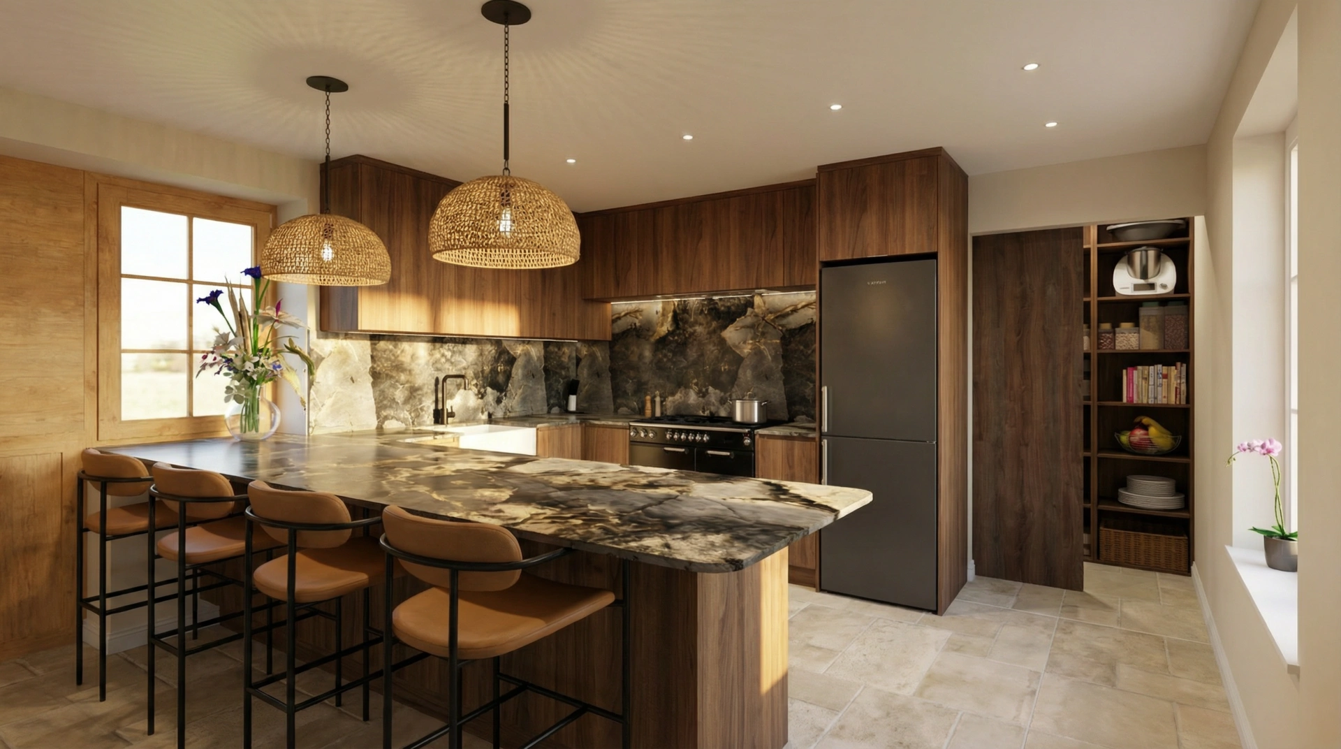 Kitchen design render with timber island and pendant lighting