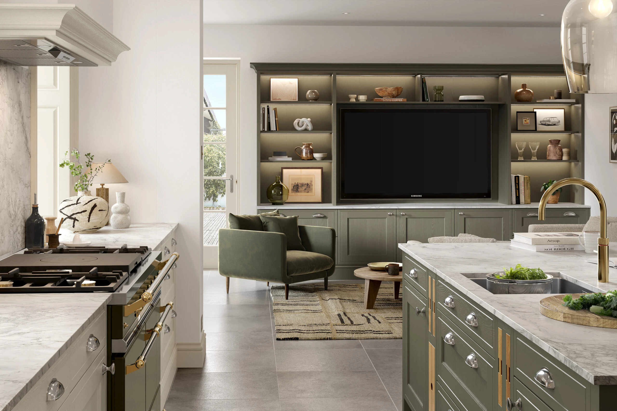 Kitchen with range cooker and island opening to a living area