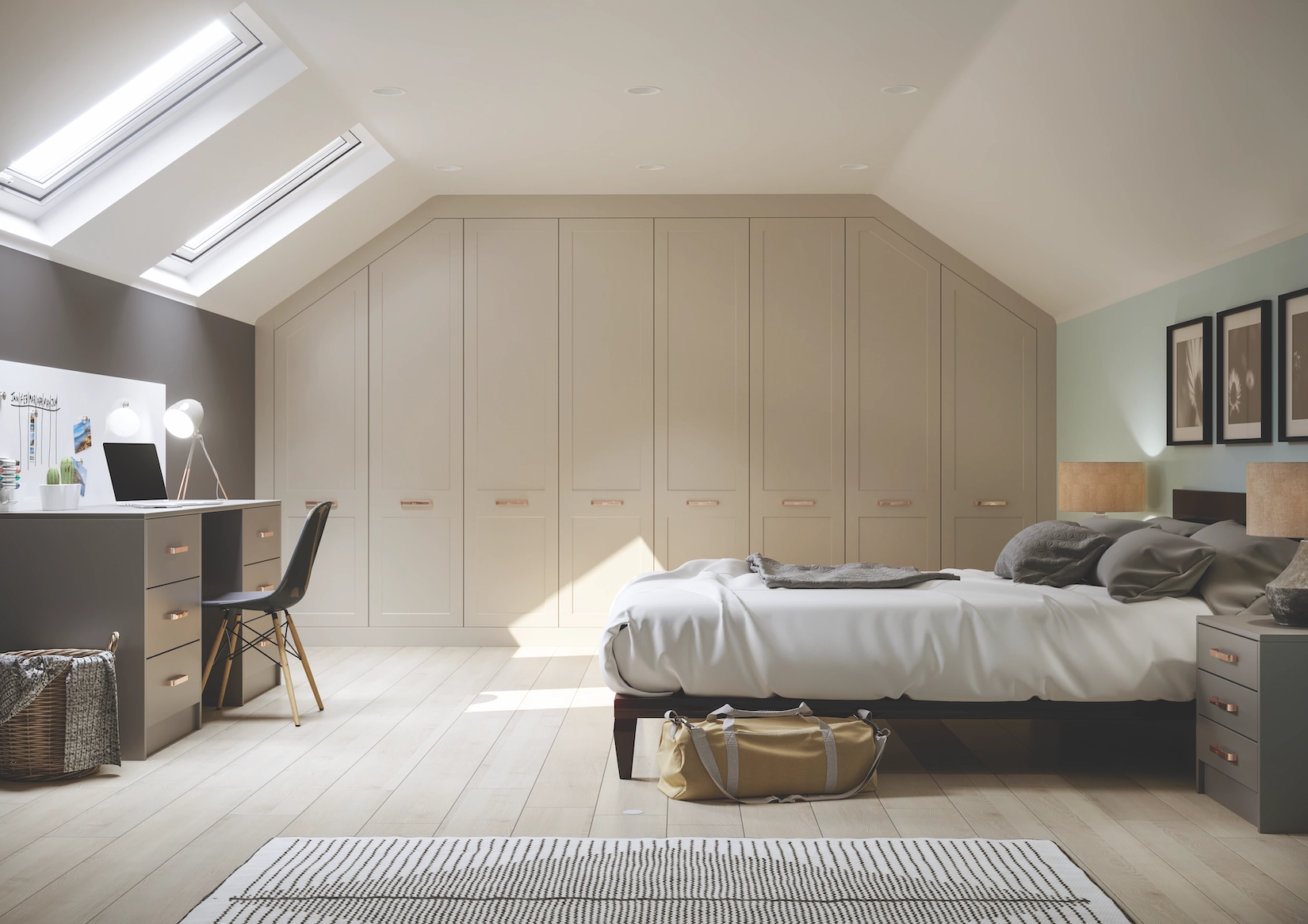 Fitted wardrobes Ceredigion: loft bedroom with fitted wardrobes and a study desk