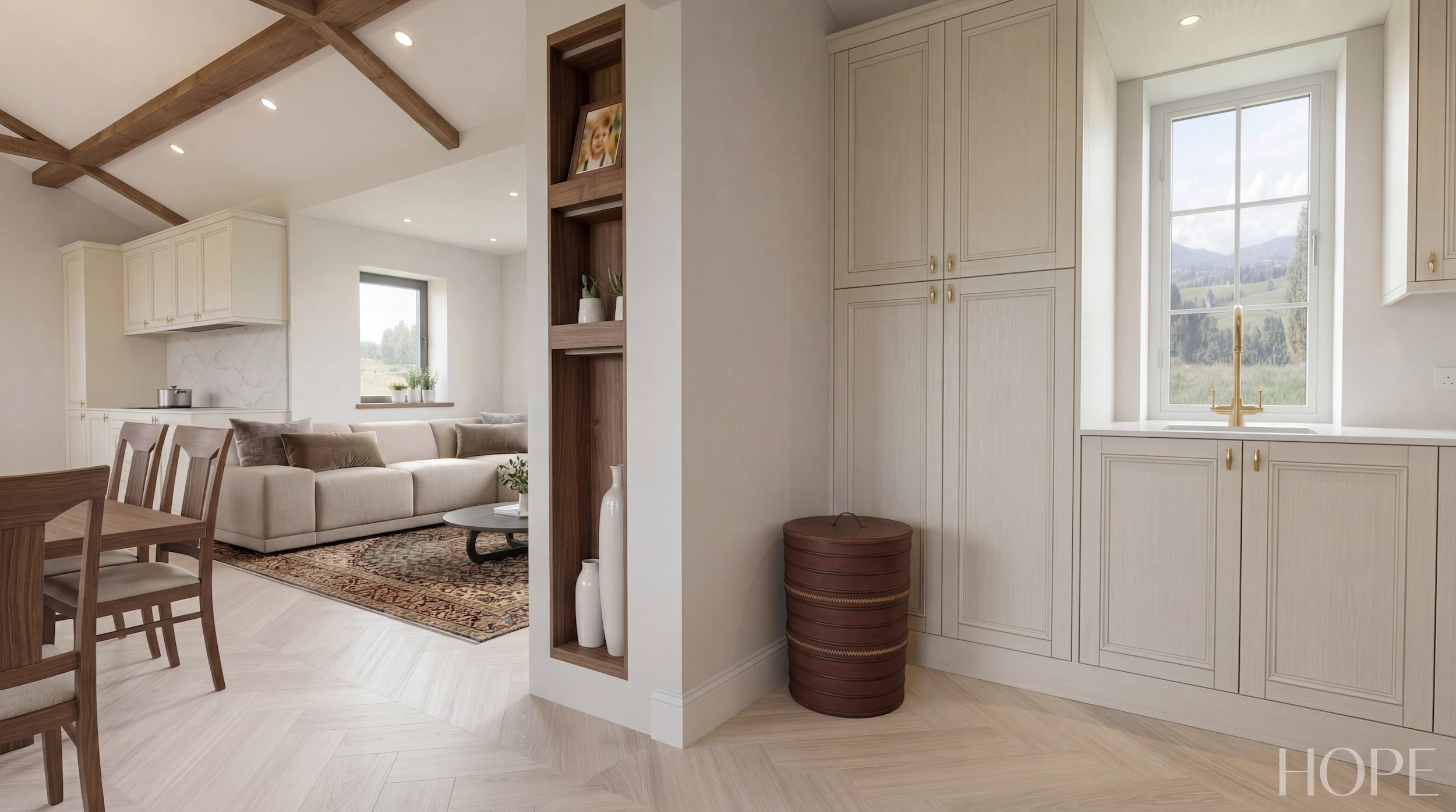 Loft living space with exposed beams and fitted cabinetry, delivered through our kitchen design process