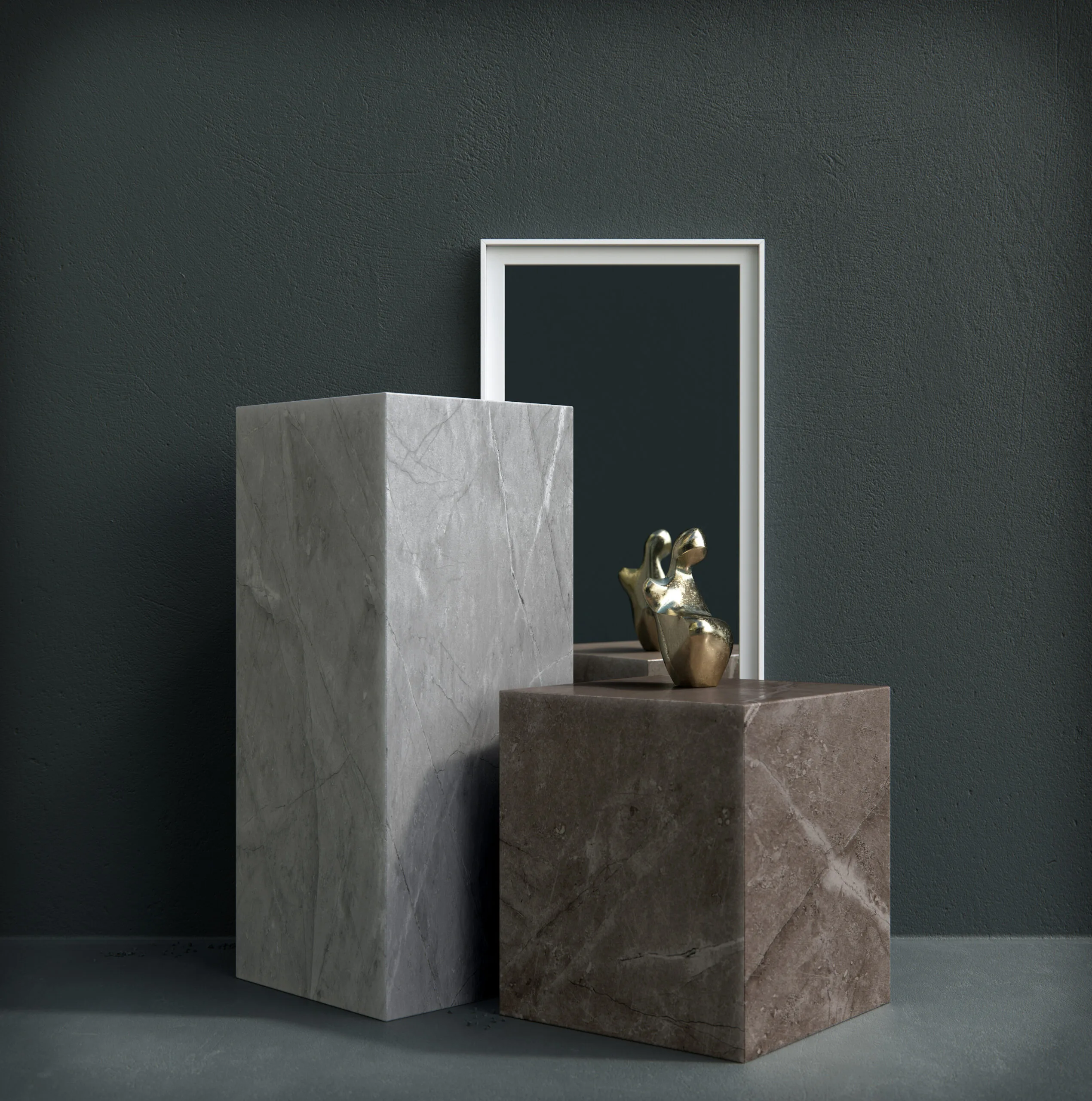 Marble plinth samples in grey and brown against dark green