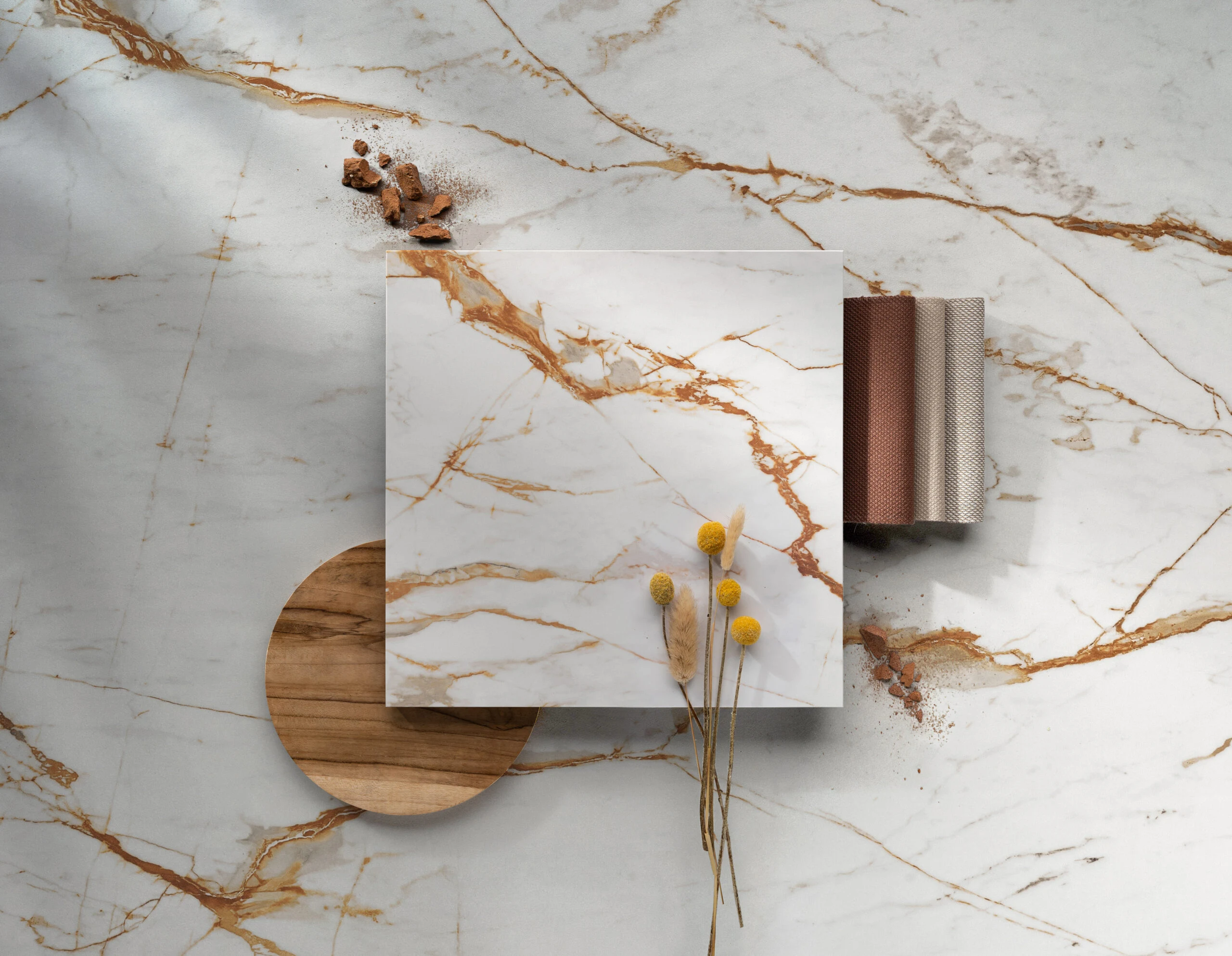 Onirika marble moodboard with brass and timber accents